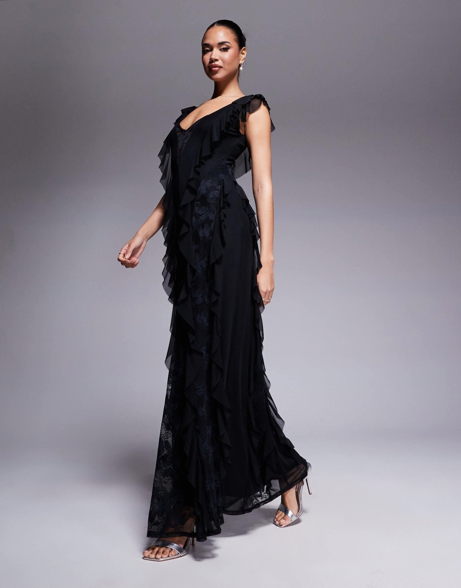 AFRM Trista mesh ruffle maxi dress with lace panels in black - ASOS Sample Sale EU Store