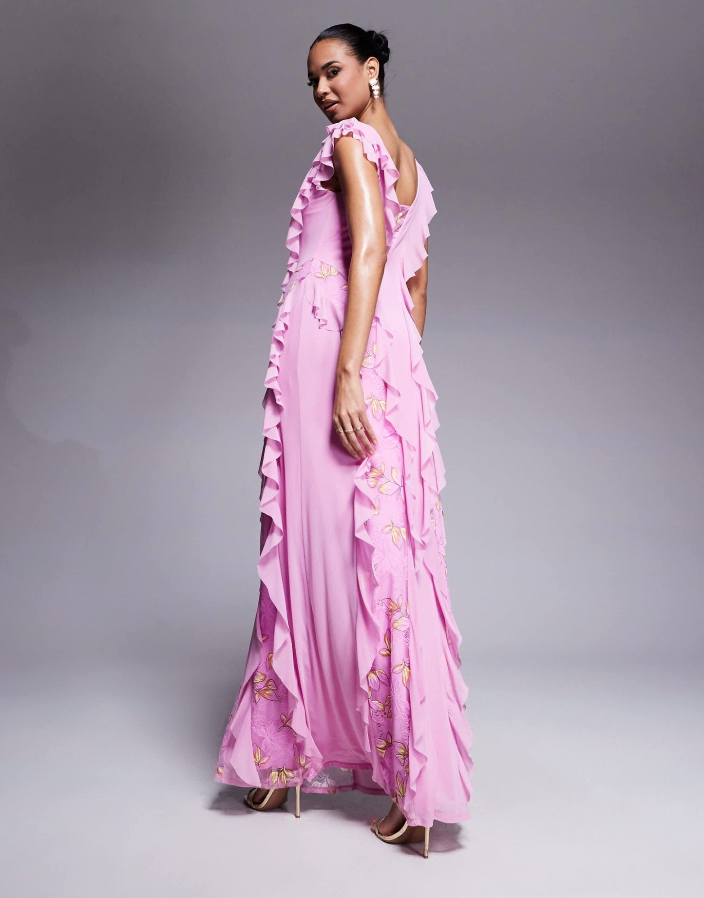 AFRM Trista mesh ruffle maxi dress with lace panels in lilac - ASOS Sample Sale EU Store