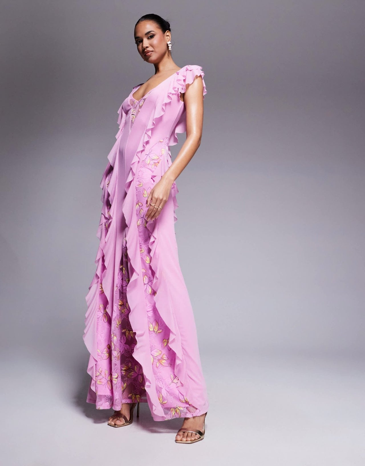 AFRM Trista mesh ruffle maxi dress with lace panels in lilac - ASOS Sample Sale EU Store