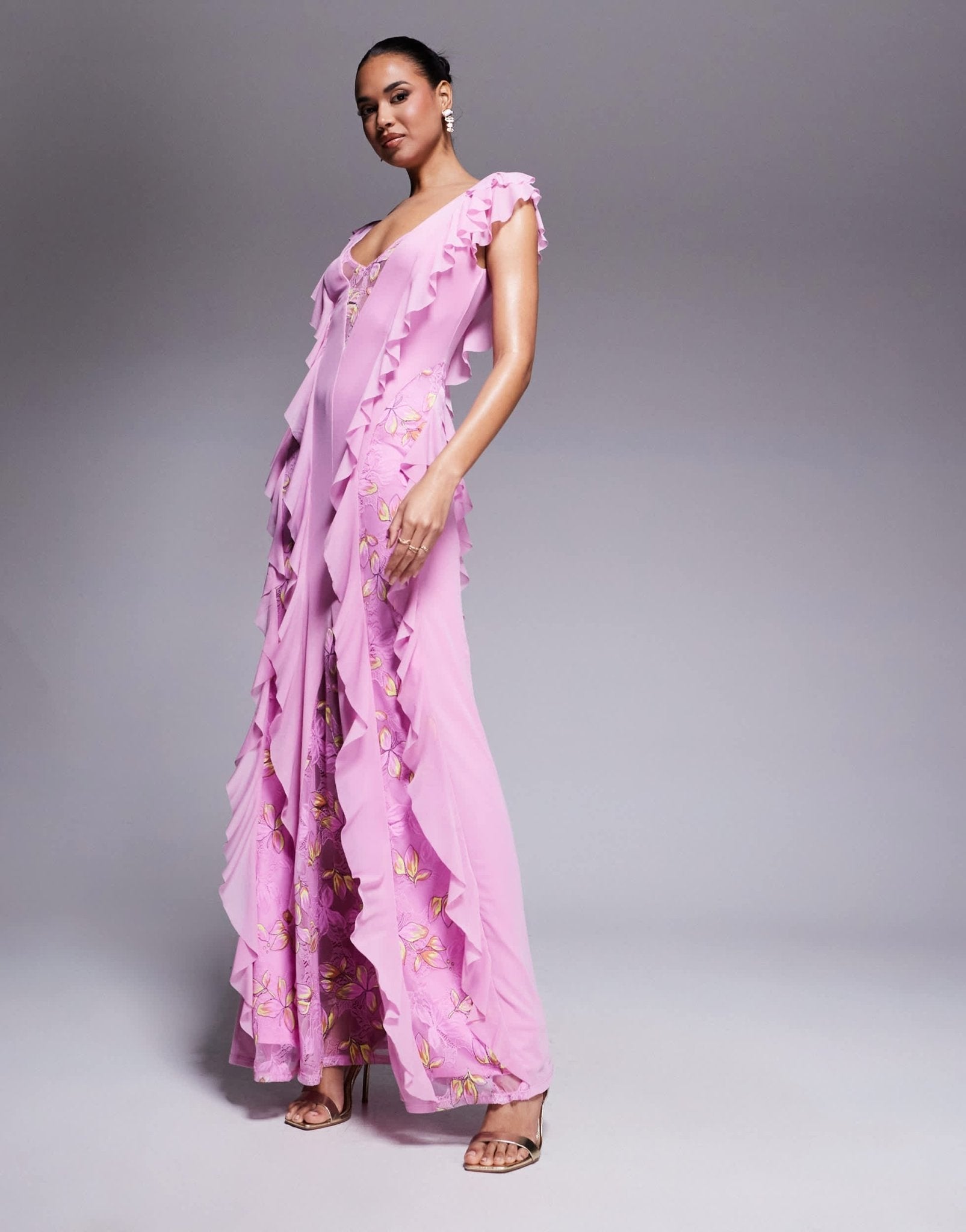 AFRM Trista mesh ruffle maxi dress with lace panels in lilac - ASOS Sample Sale EU Store