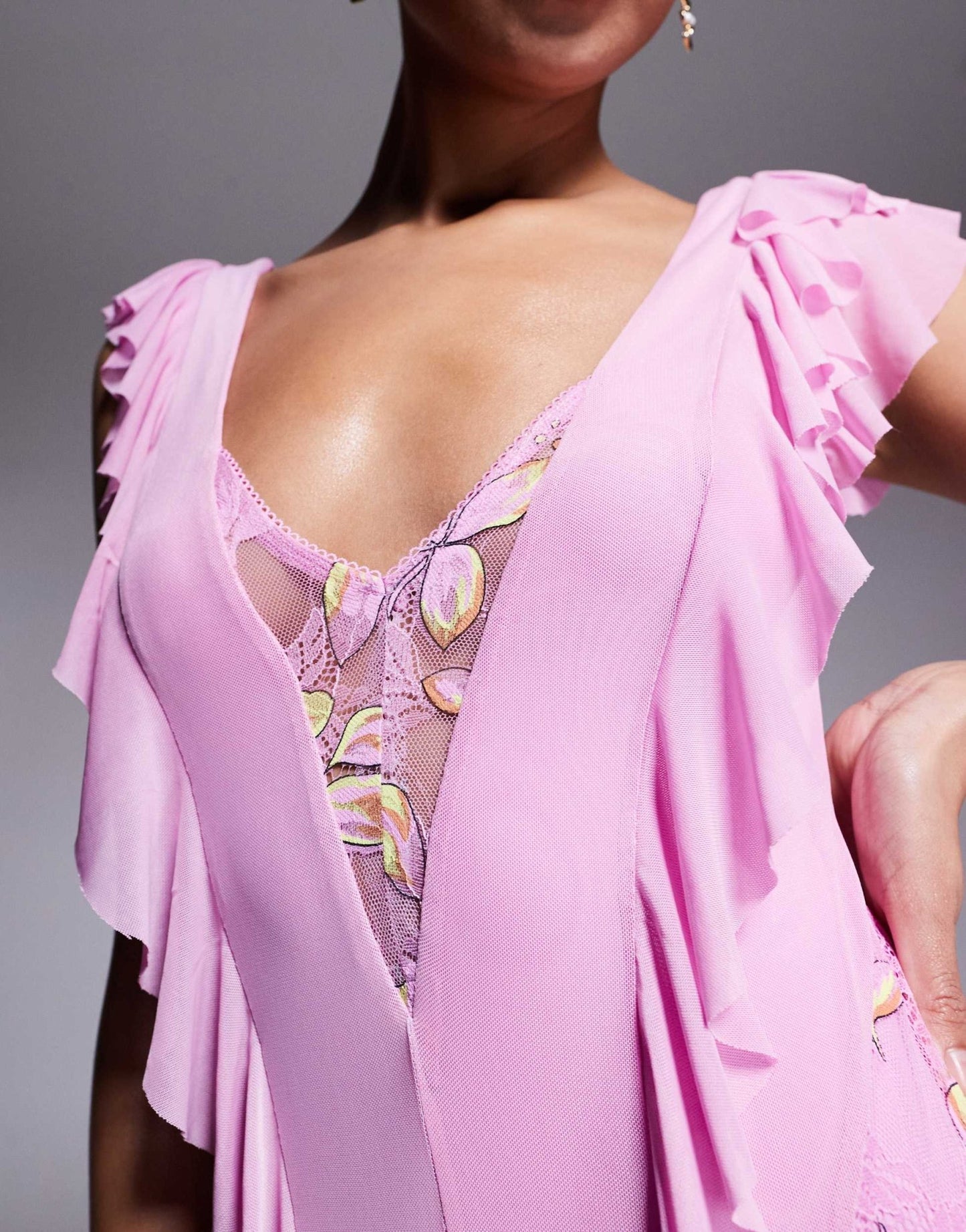 AFRM Trista mesh ruffle maxi dress with lace panels in lilac - ASOS Sample Sale EU Store