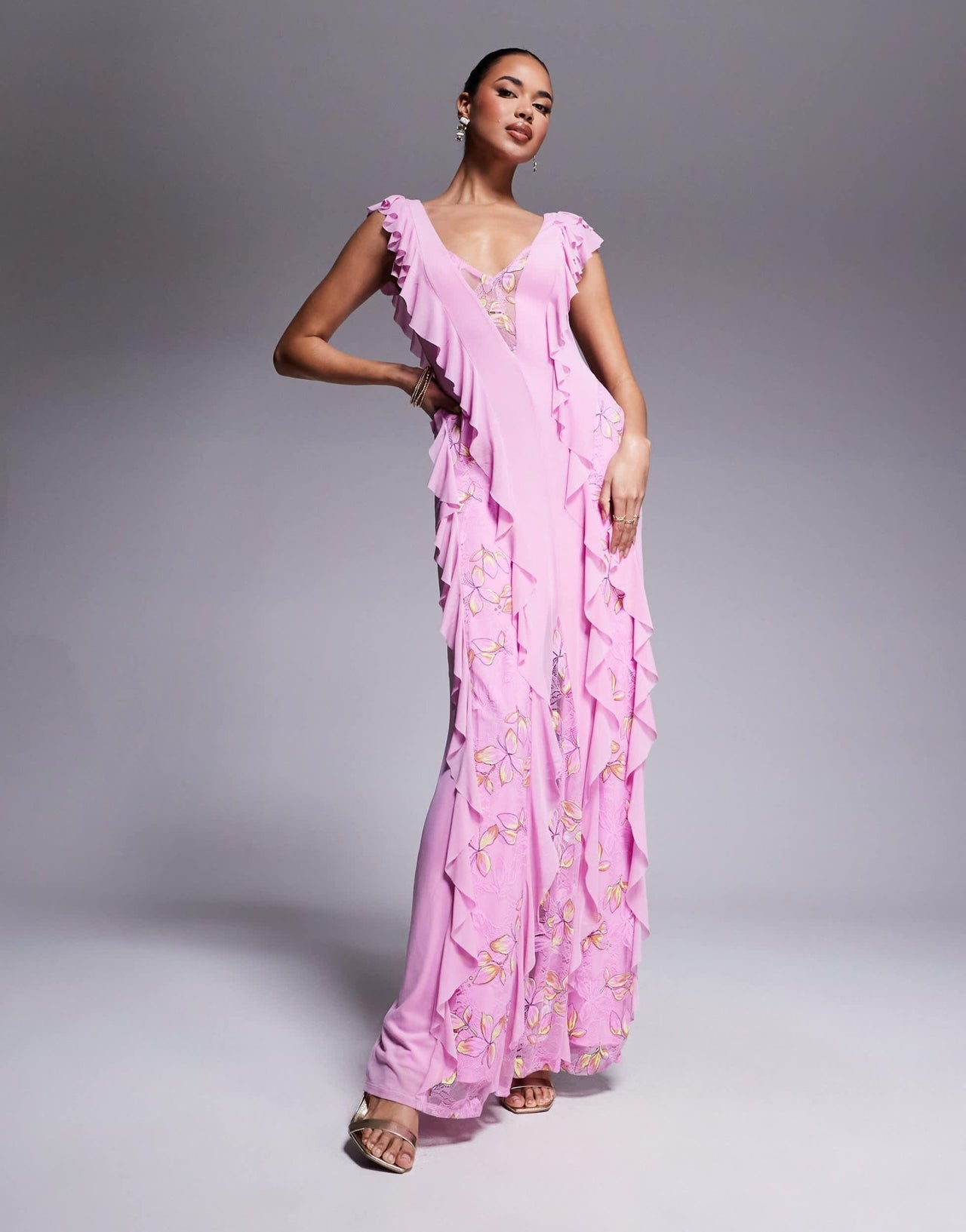 AFRM Trista mesh ruffle maxi dress with lace panels in lilac - ASOS Sample Sale EU Store