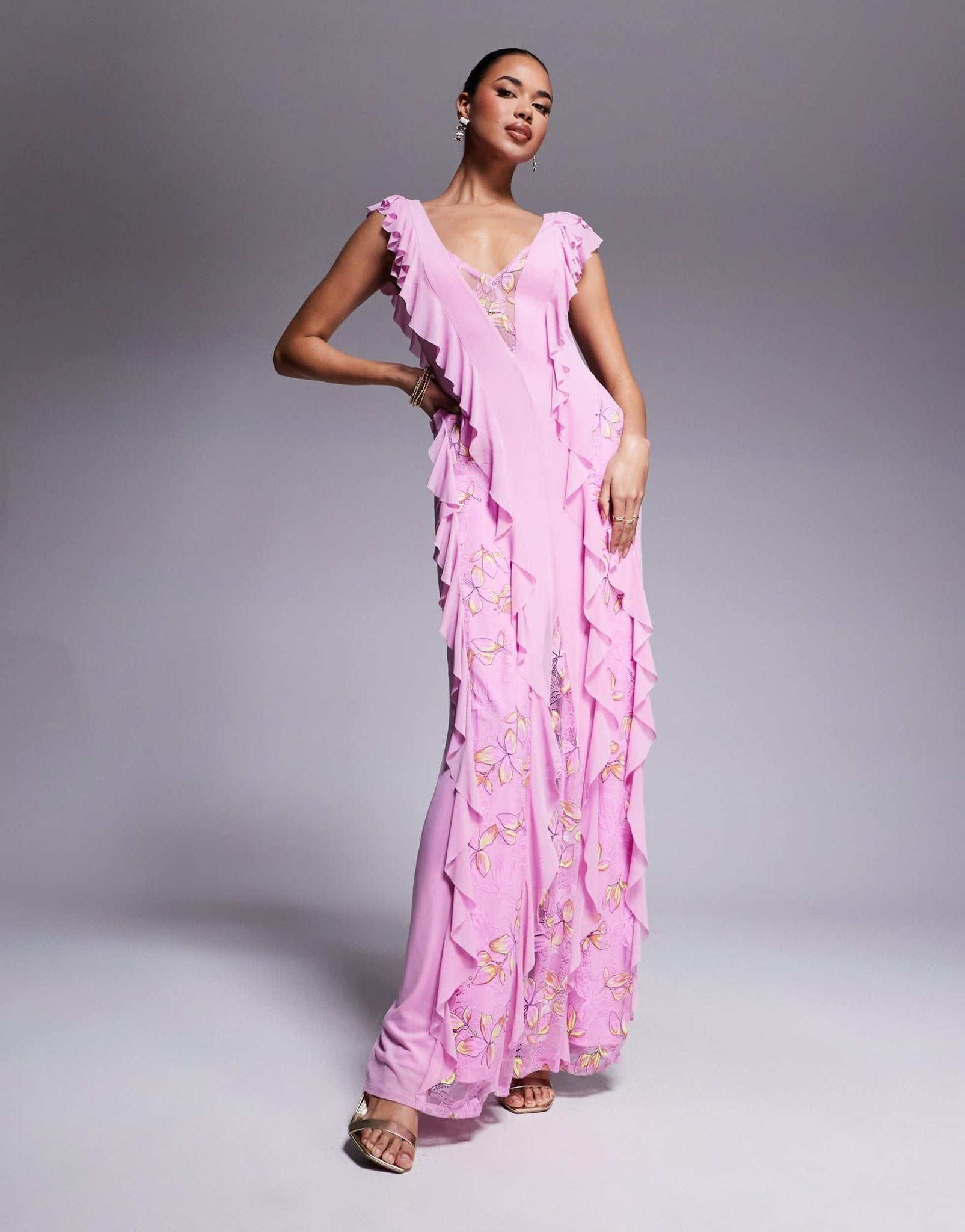 AFRM Trista mesh ruffle maxi dress with lace panels in lilac - ASOS Sample Sale EU Store