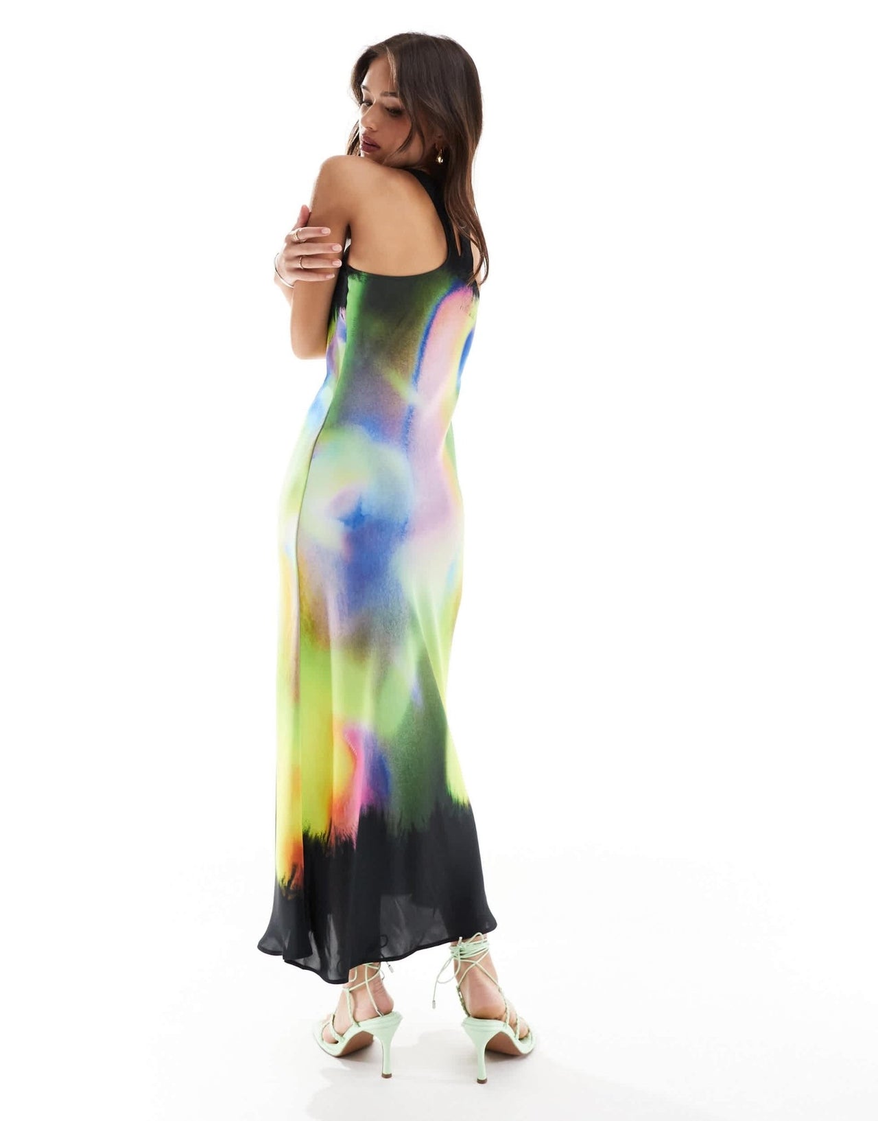 AllSaints Betina Orbital racer satin midi dress in black/rainbow - ASOS Sample Sale EU Store