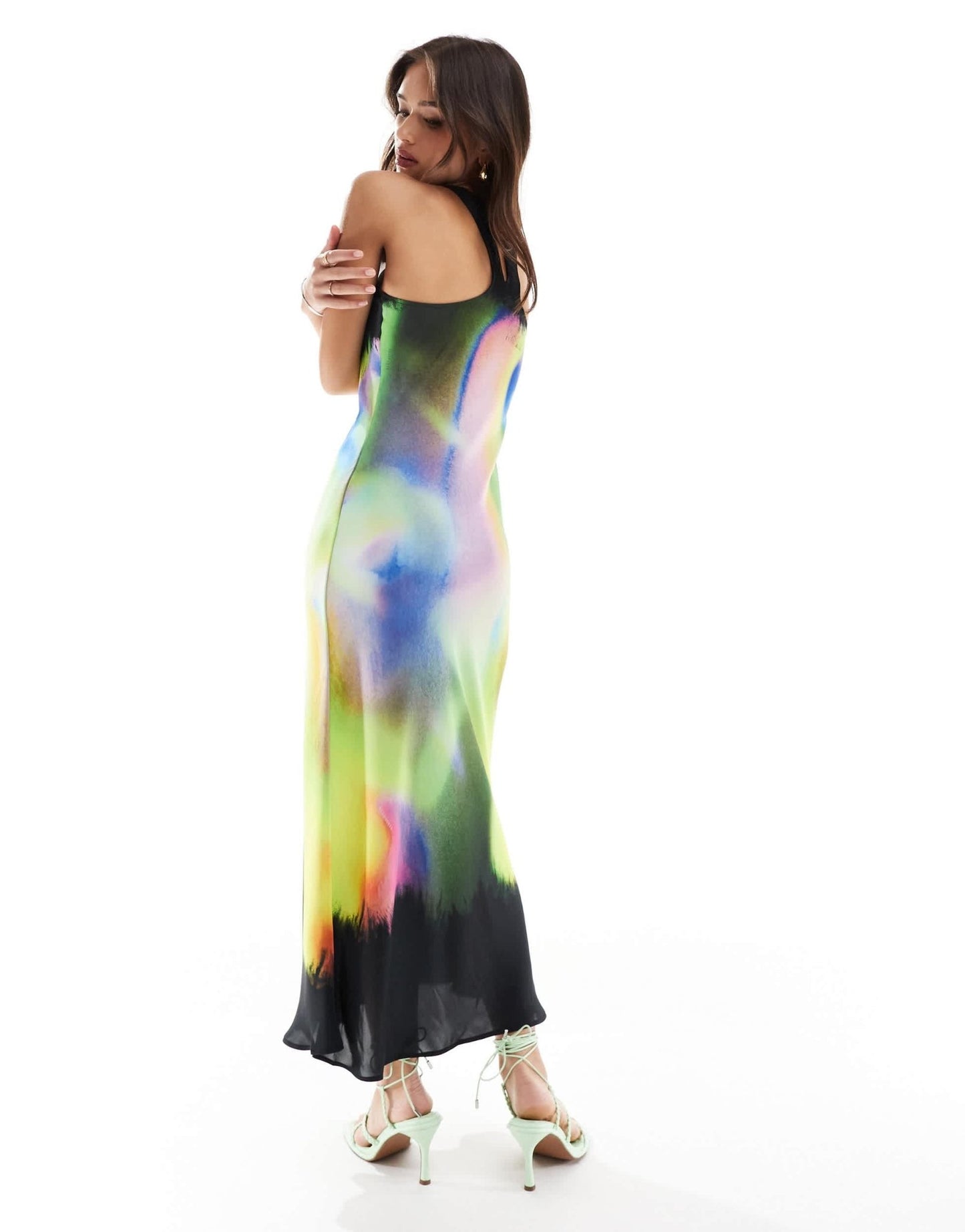 AllSaints Betina Orbital racer satin midi dress in black/rainbow - ASOS Sample Sale EU Store