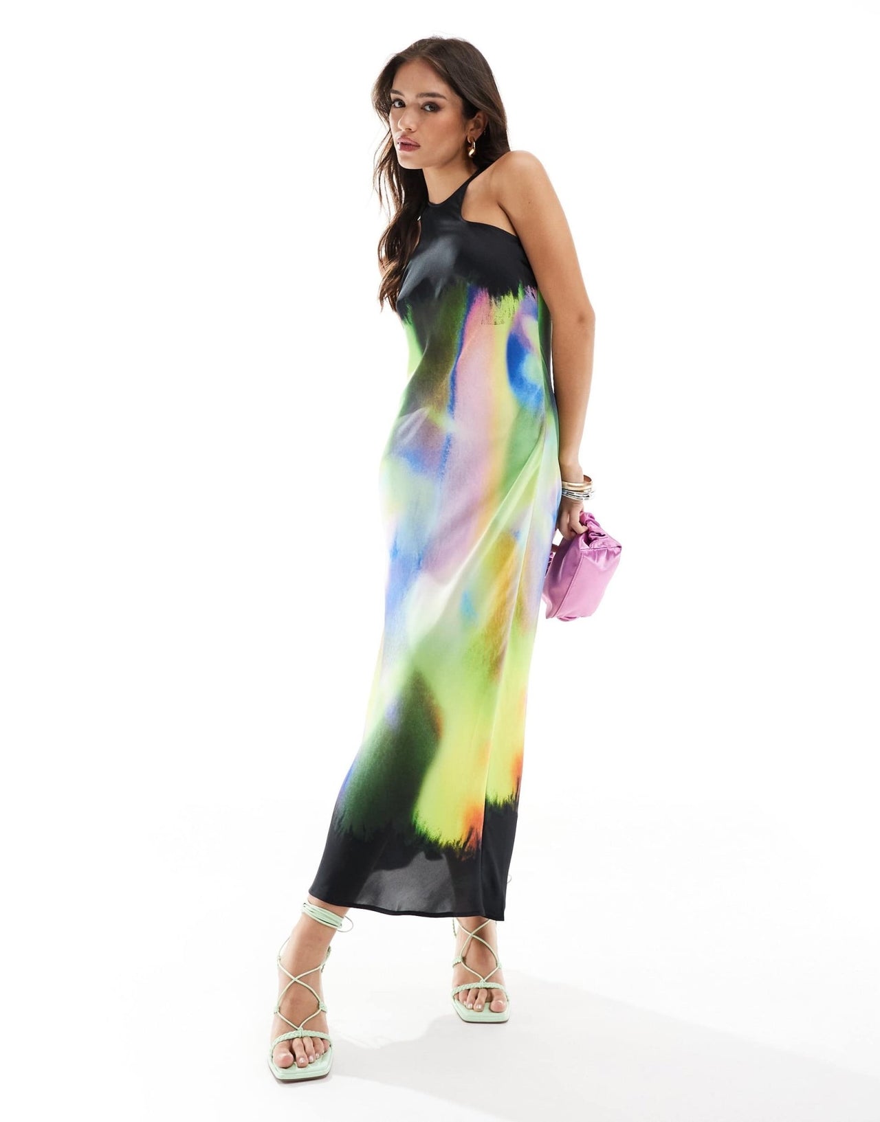 AllSaints Betina Orbital racer satin midi dress in black/rainbow - ASOS Sample Sale EU Store