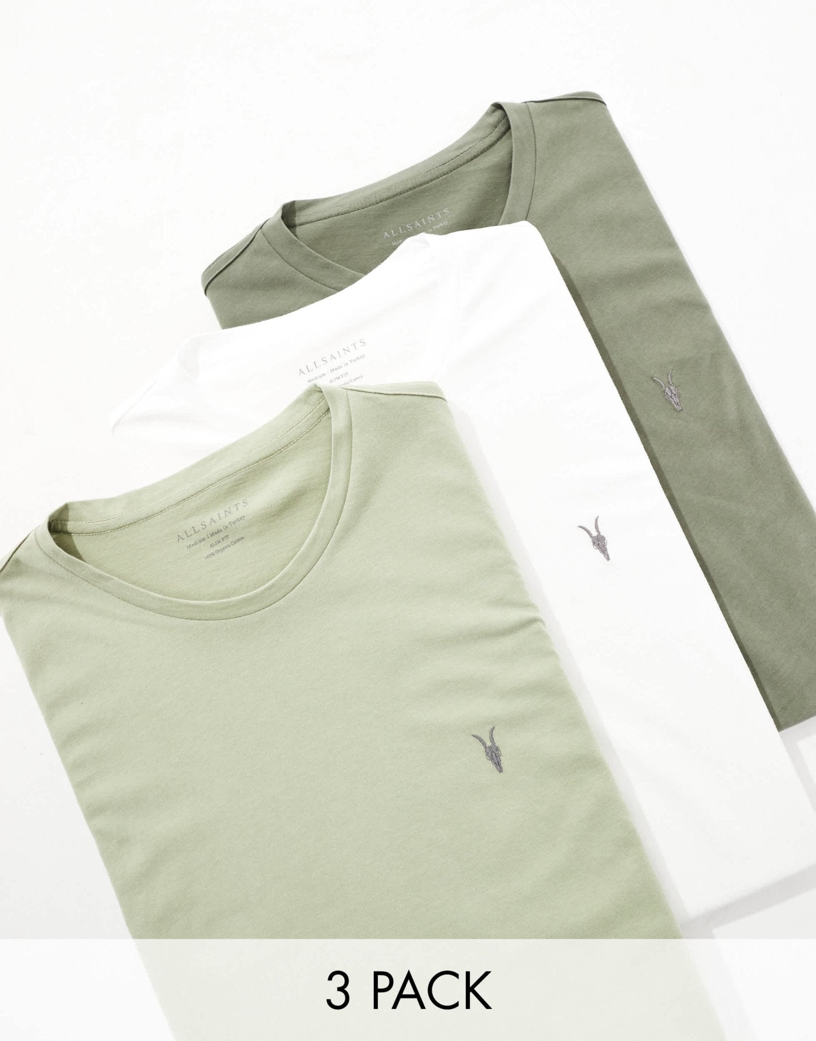 AllSaints Brace 3 - pack brushed cotton t-shirts in green multi - ASOS Sample Sale EU Store