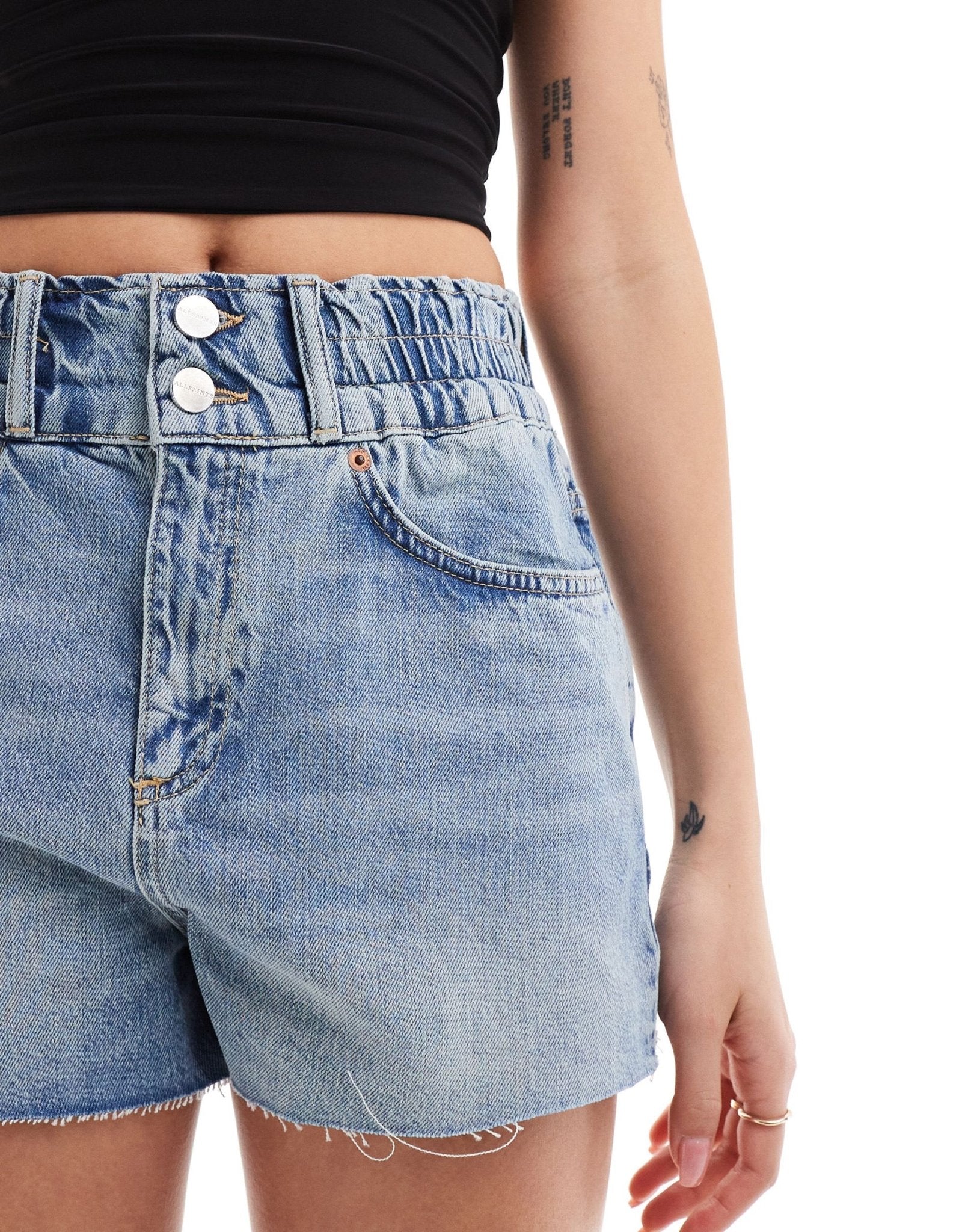 AllSaints Hailey elastic waist denim shorts in light blue wash - ASOS Sample Sale EU Store