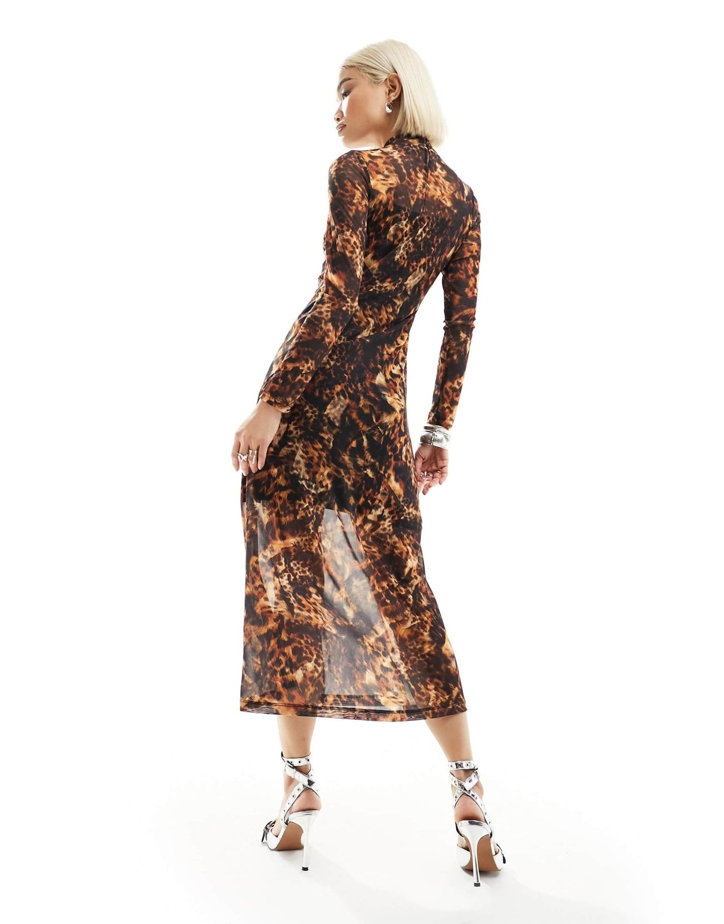 AllSaints Hanna Spark printed mesh midi dress in brown - ASOS Sample Sale EU Store
