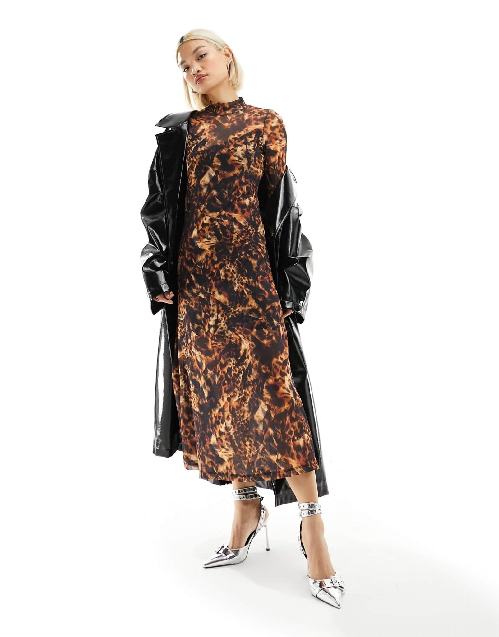 AllSaints Hanna Spark printed mesh midi dress in brown - ASOS Sample Sale EU Store