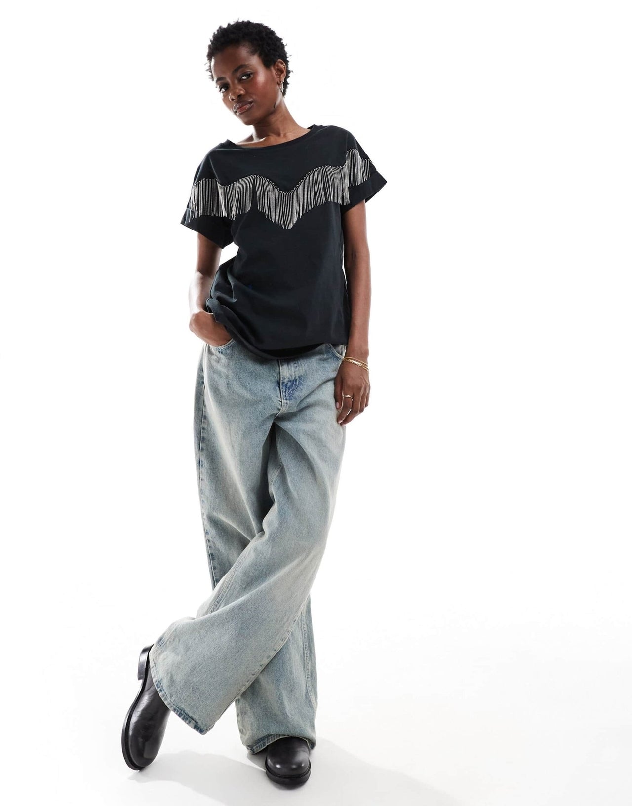 AllSaints Imo Boy tassel t-shirt in black - ASOS Sample Sale EU Store