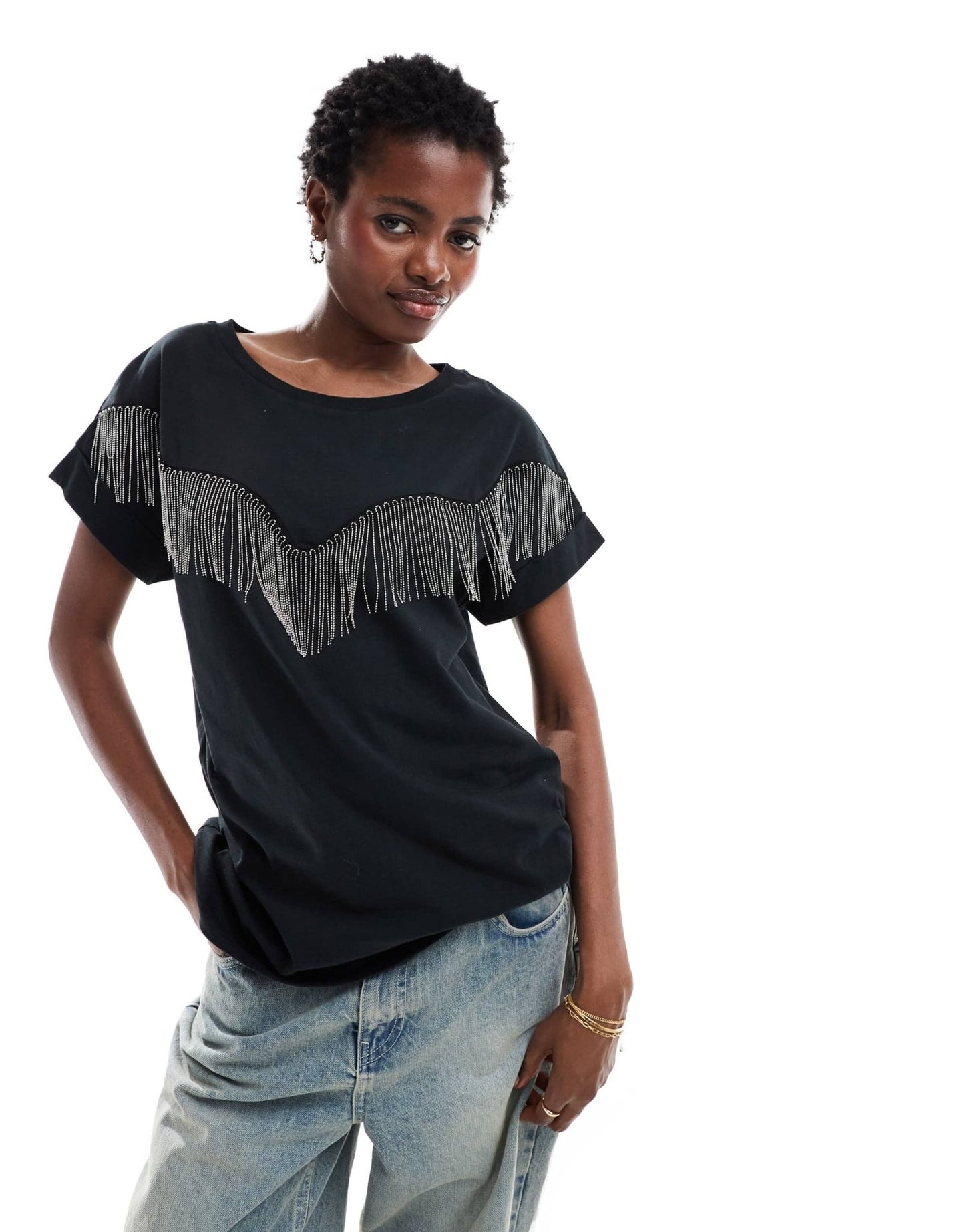 AllSaints Imo Boy tassel t-shirt in black - ASOS Sample Sale EU Store