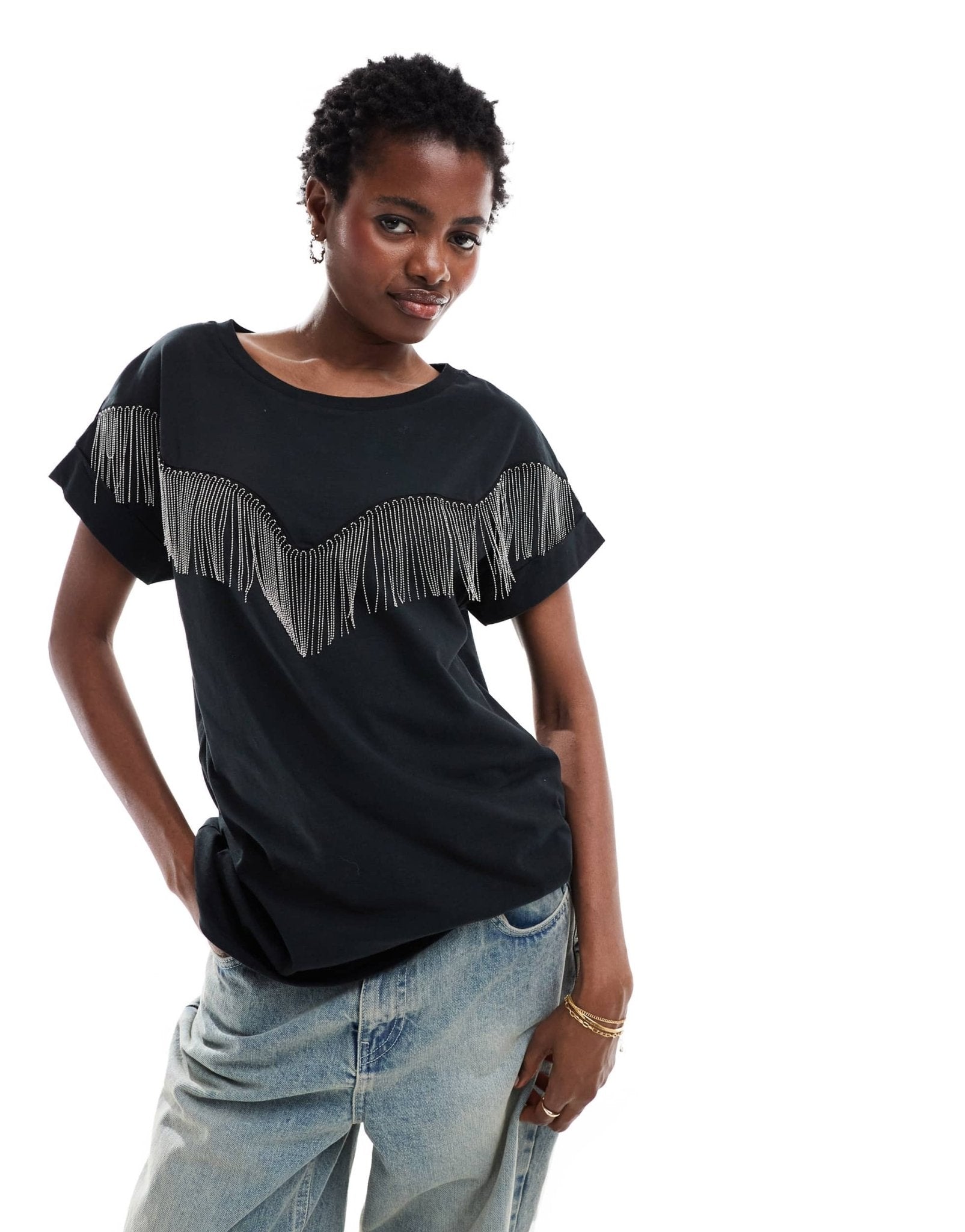 AllSaints Imo Boy tassel t-shirt in black - ASOS Sample Sale EU Store