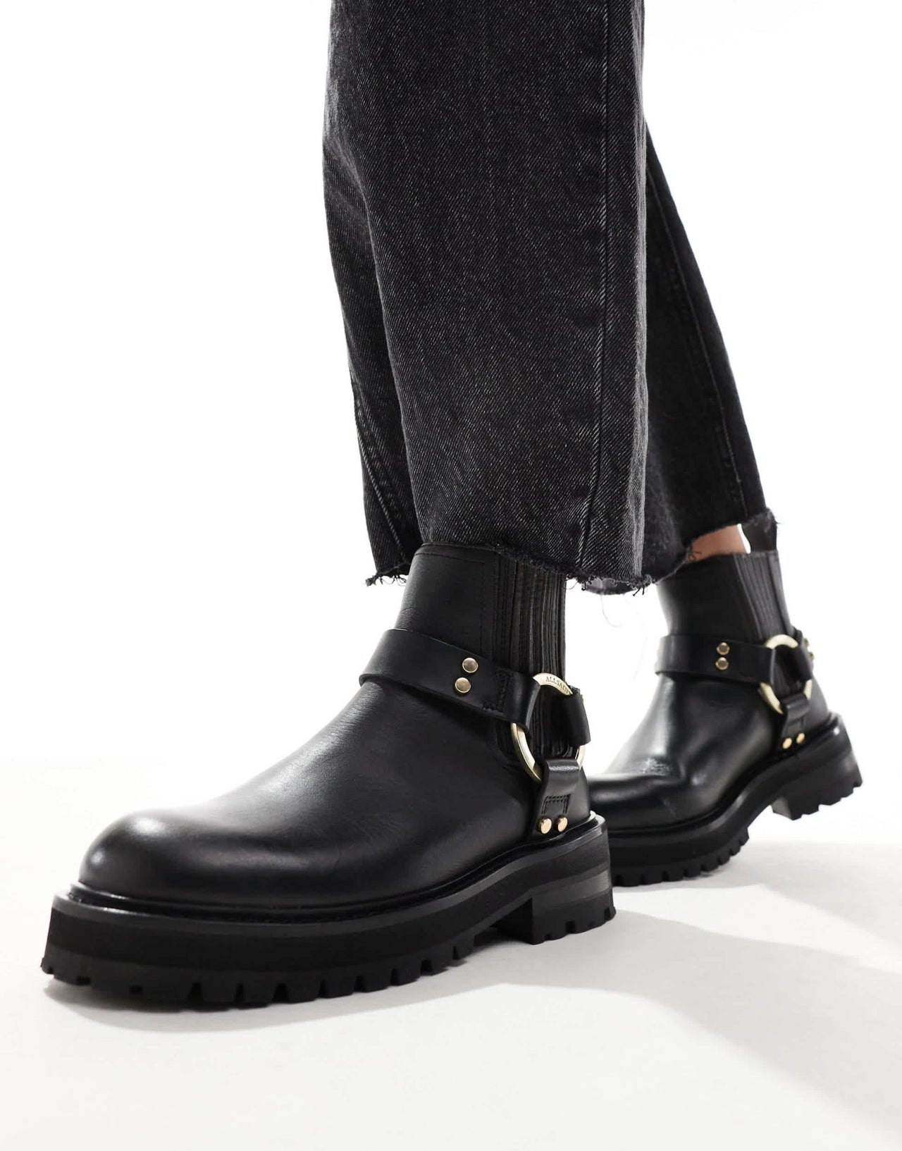 AllSaints Maddie leather harness biker boots in black - ASOS Sample Sale EU Store