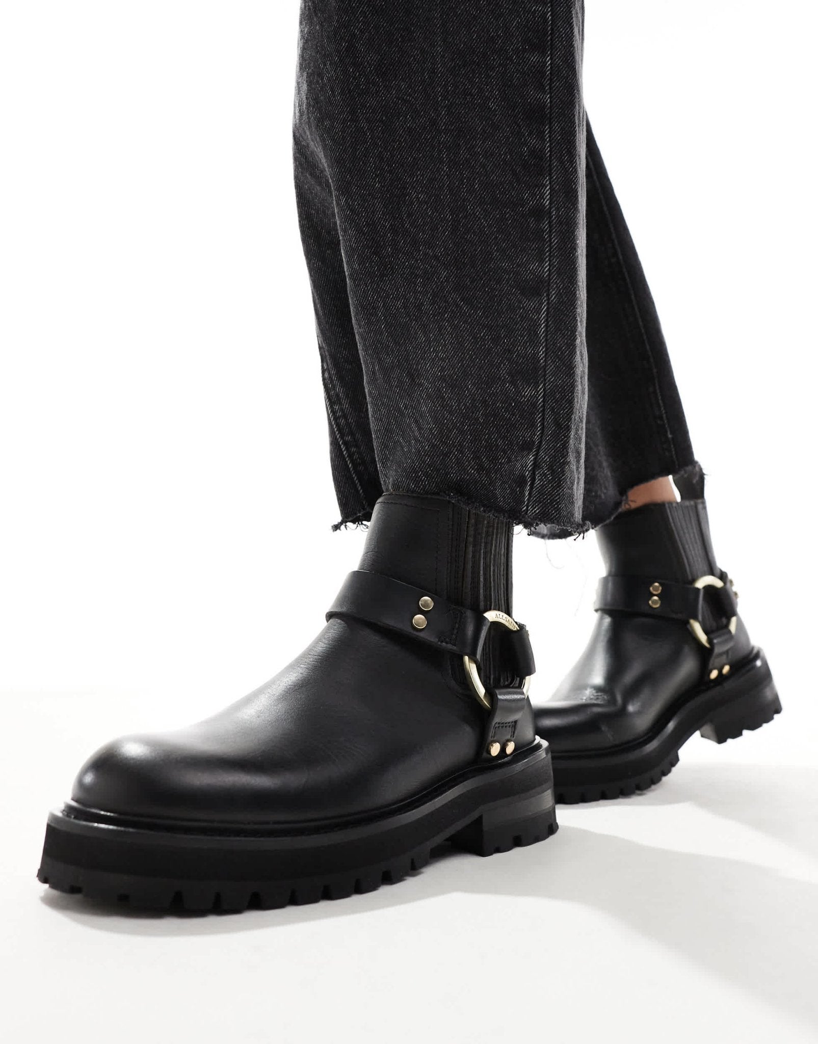 AllSaints Maddie leather harness biker boots in black - ASOS Sample Sale EU Store