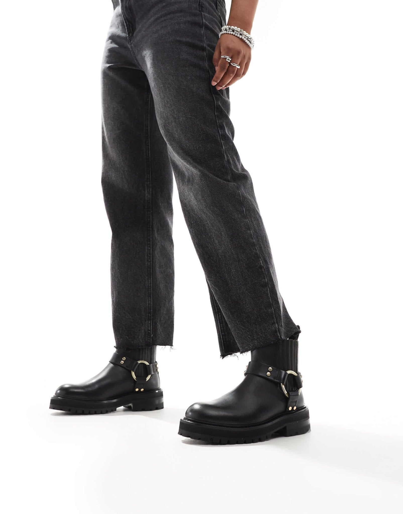 AllSaints Maddie leather harness biker boots in black - ASOS Sample Sale EU Store
