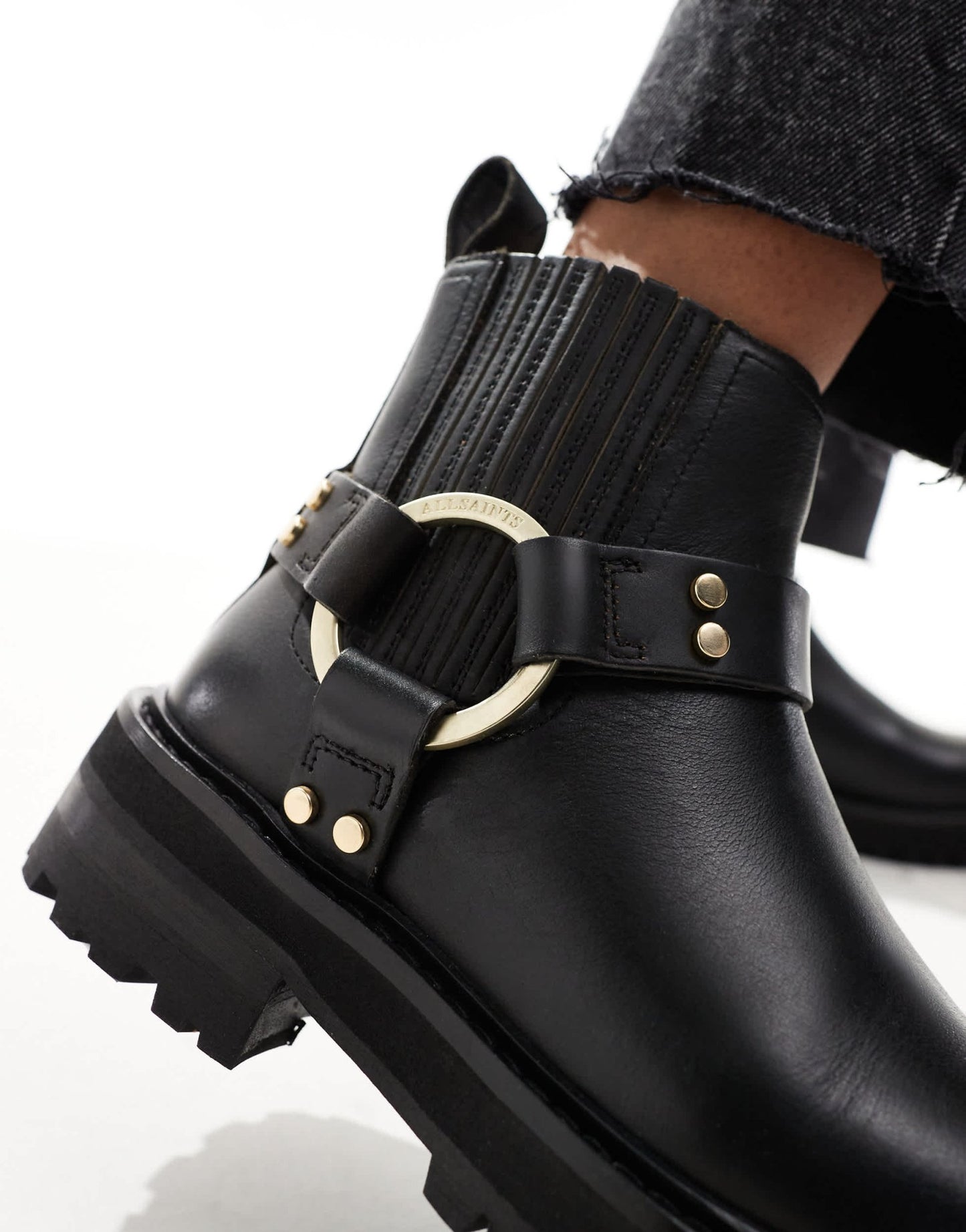 AllSaints Maddie leather harness biker boots in black - ASOS Sample Sale EU Store