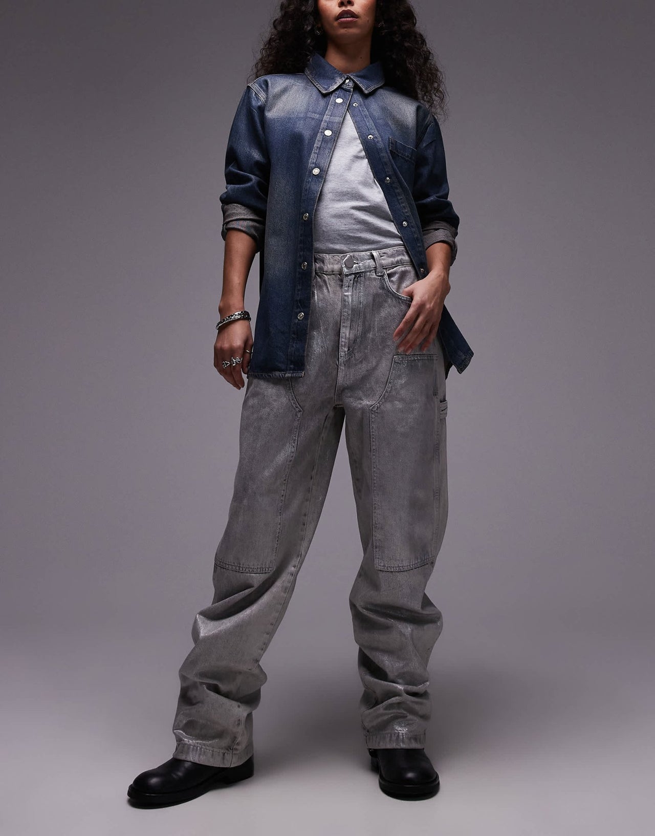 AllSaints Mia carpenter wide jeans in coated silver - ASOS Sample Sale EU Store