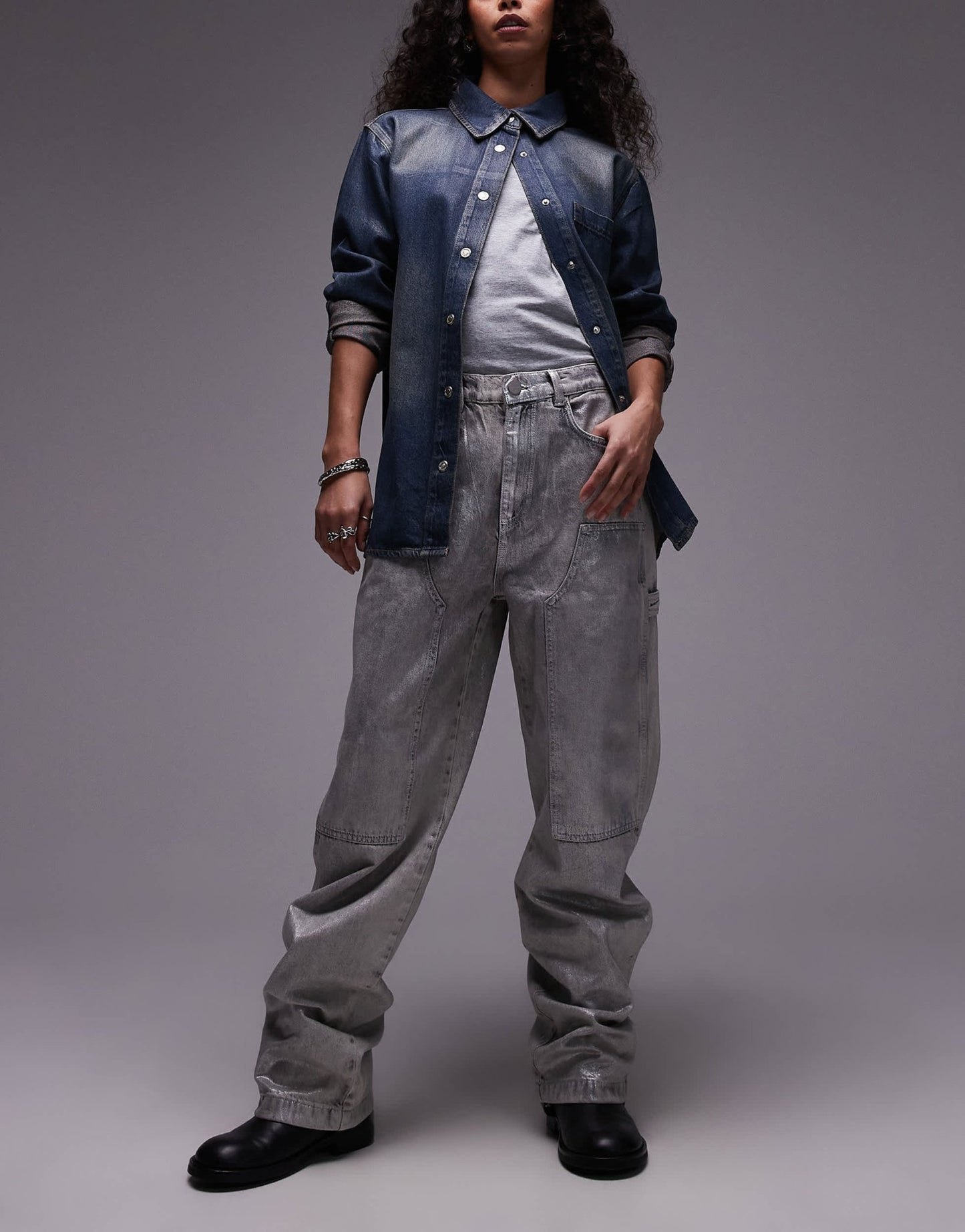AllSaints Mia carpenter wide jeans in coated silver - ASOS Sample Sale EU Store