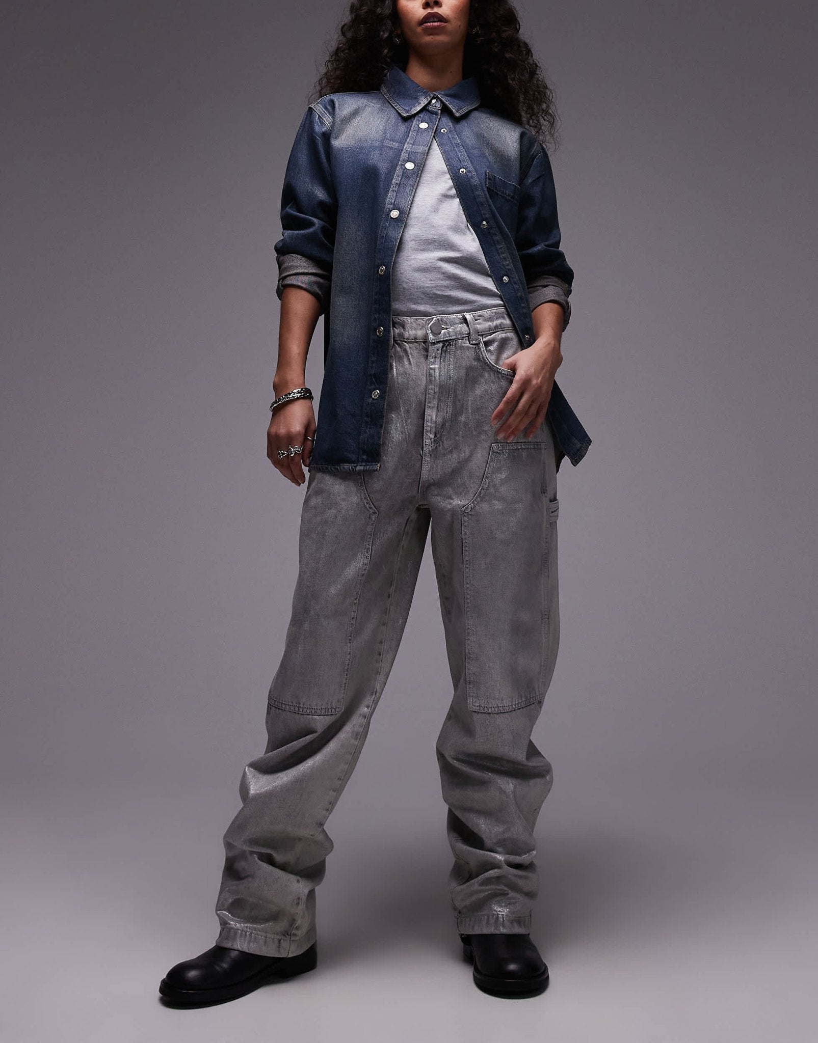 AllSaints Mia carpenter wide jeans in coated silver - ASOS Sample Sale EU Store
