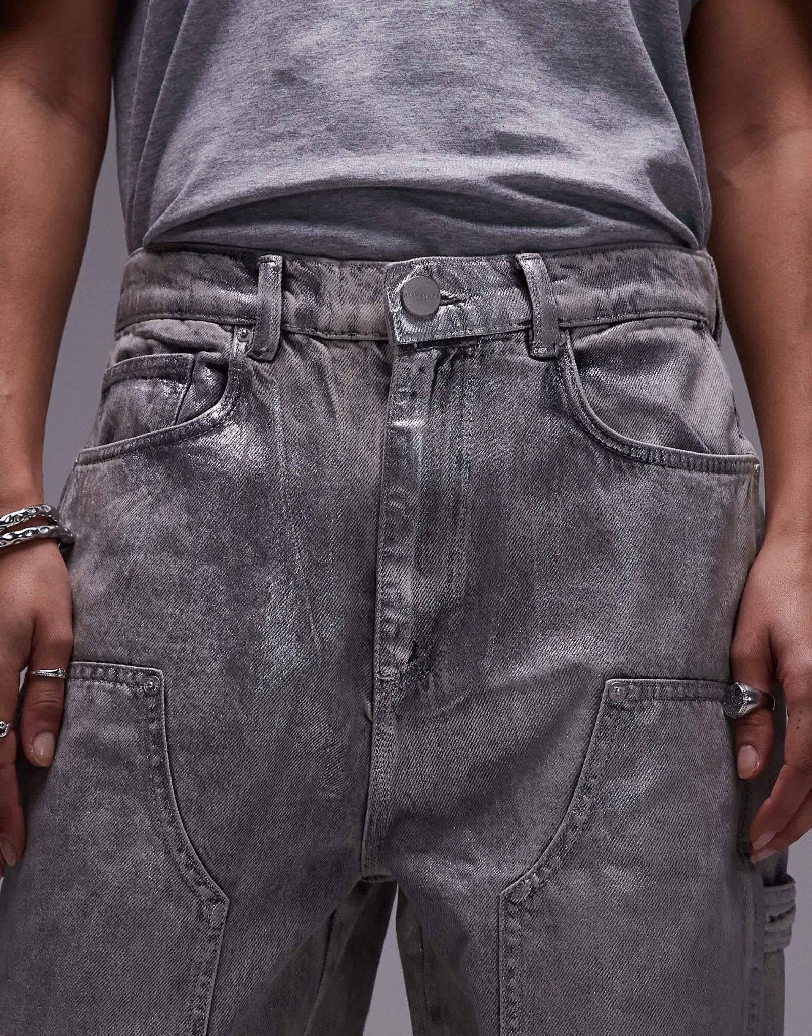 AllSaints Mia carpenter wide jeans in coated silver - ASOS Sample Sale EU Store