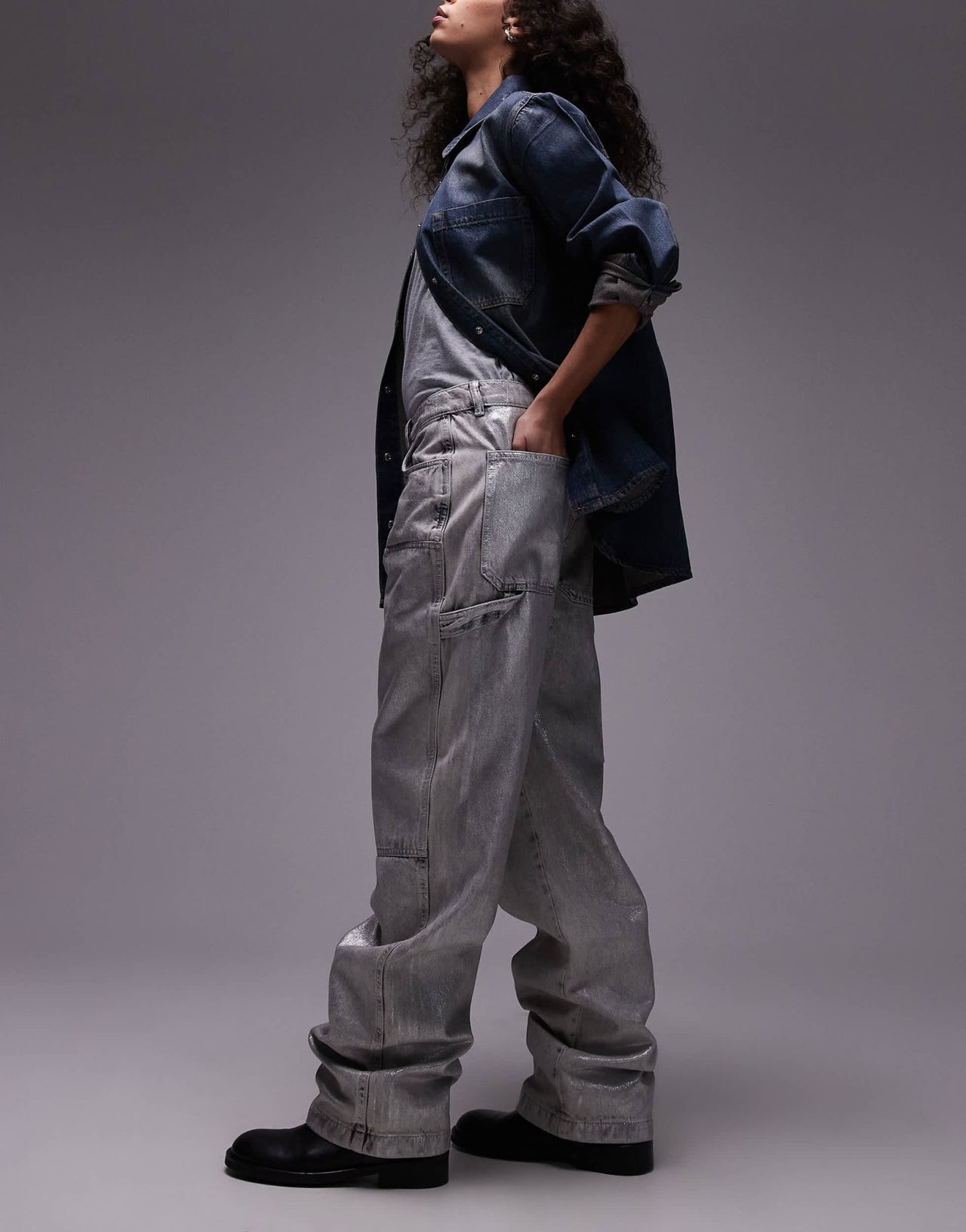 AllSaints Mia carpenter wide jeans in coated silver - ASOS Sample Sale EU Store