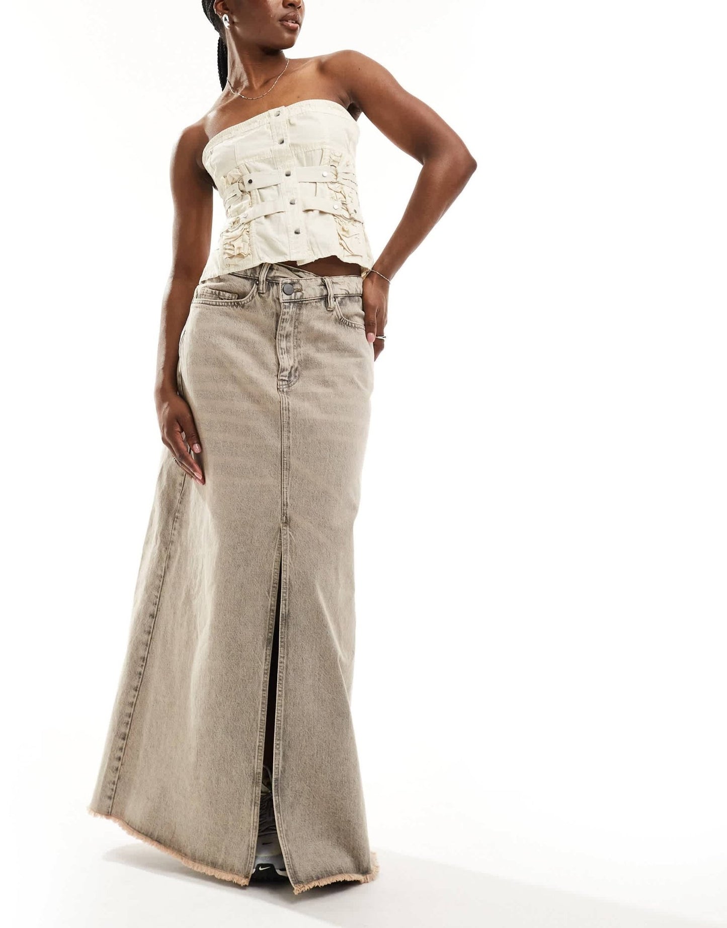 AllSaints Noir A - line denim maxi skirt in washed grey - ASOS Sample Sale EU Store