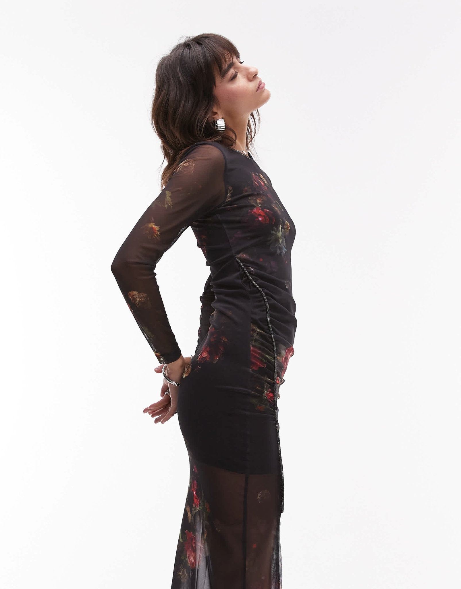 AllSaints Nora sparkle mesh midi dress in black floral - ASOS Sample Sale EU Store