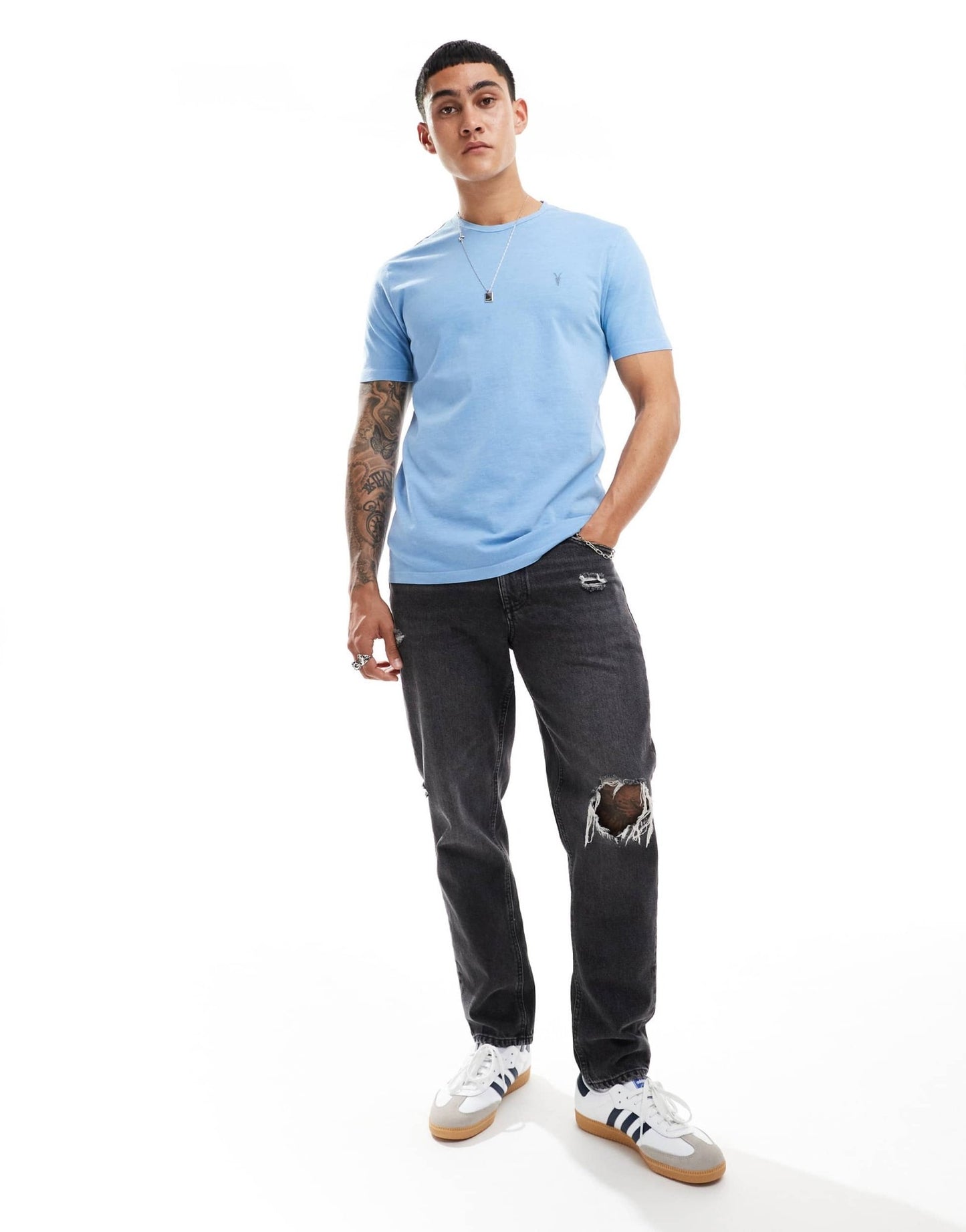 AllSaints Ossage crew t-shirt in pale blue - ASOS Sample Sale EU Store