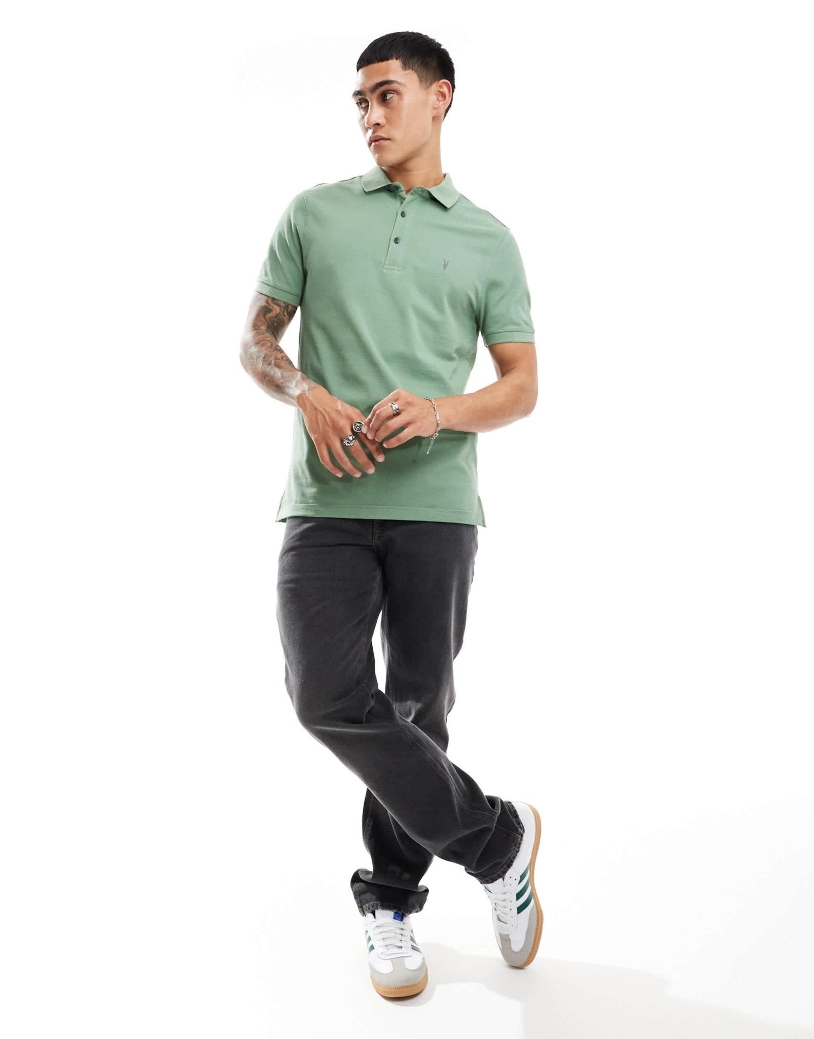 AllSaints Reform short sleeve polo top in green - ASOS Sample Sale EU Store