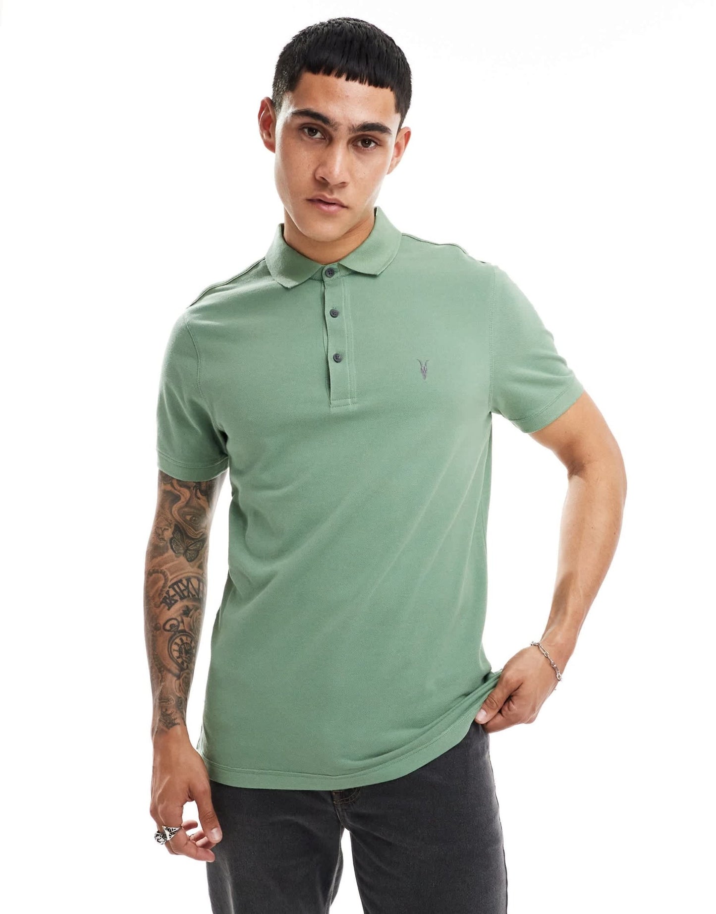 AllSaints Reform short sleeve polo top in green - ASOS Sample Sale EU Store