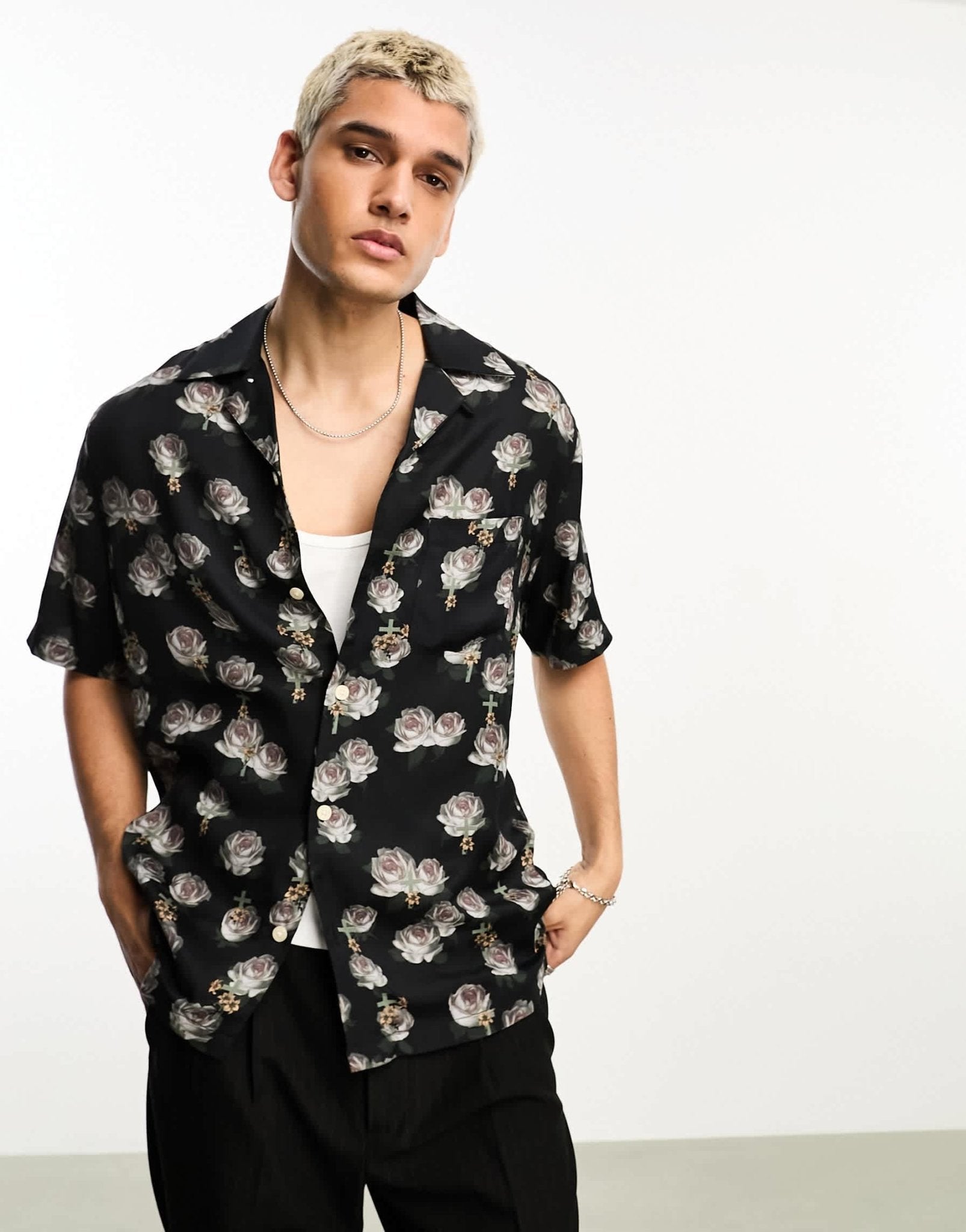 AllSaints x ASOS exclusive Hal short sleeve tonal rose printed shirt in black - ASOS Sample Sale EU Store