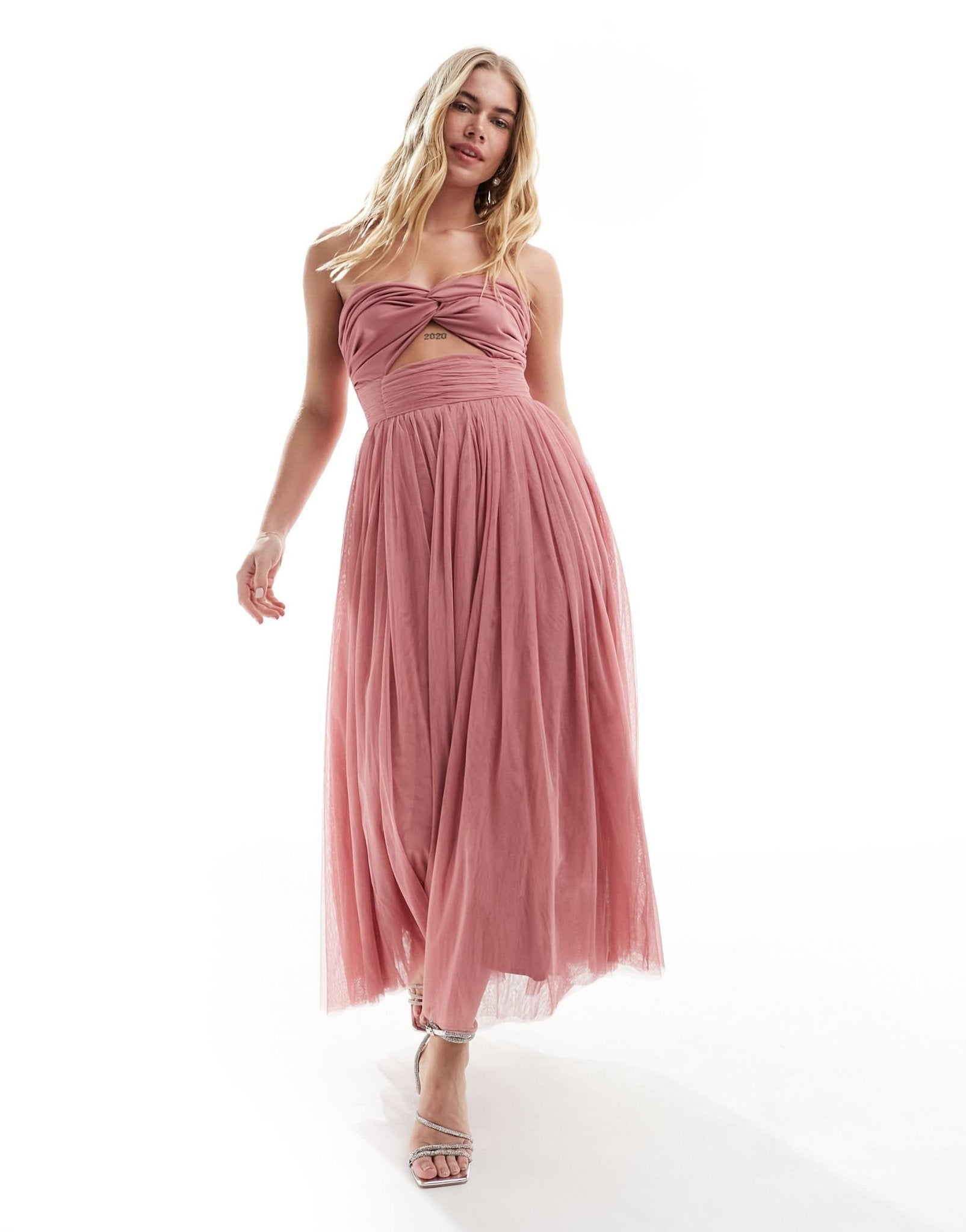 Anaya bandeau tulle midi dress with cut out detail dusty pink - ASOS Sample Sale EU Store