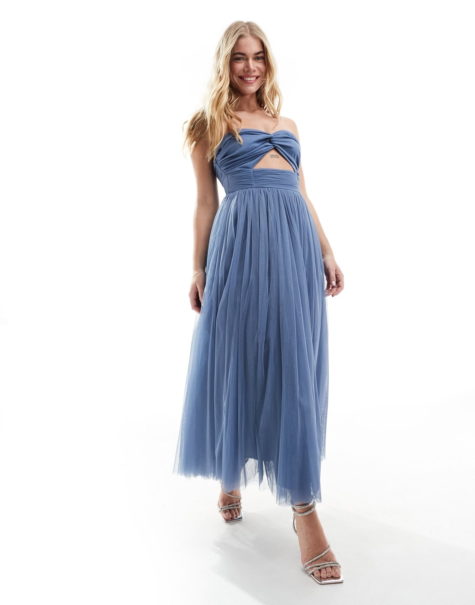 Anaya bandeau tulle midi dress with cut out detail in blue - ASOS Sample Sale EU Store
