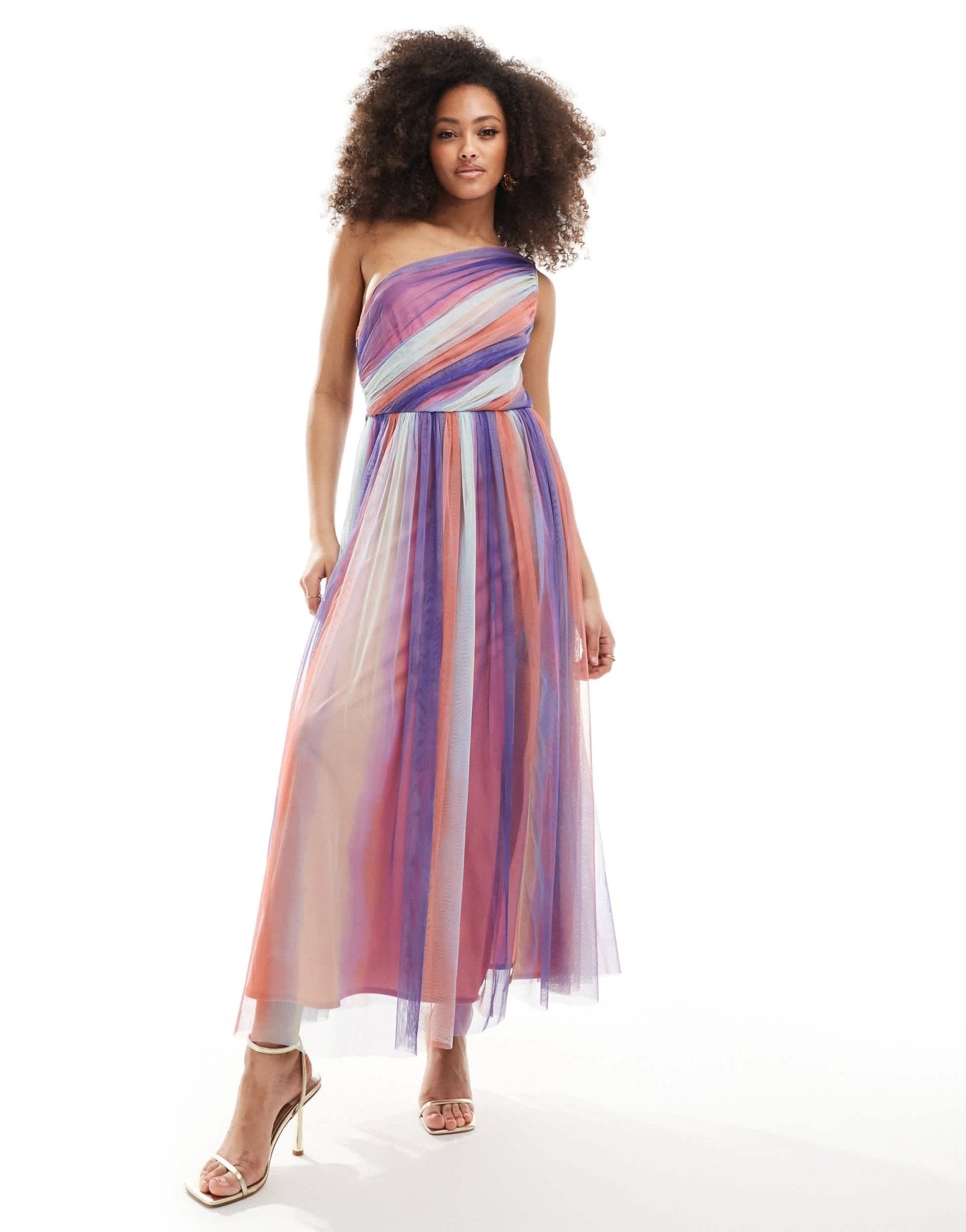 Anaya one shoulder tulle midaxi with split in multi coloured stripe - ASOS Sample Sale EU Store
