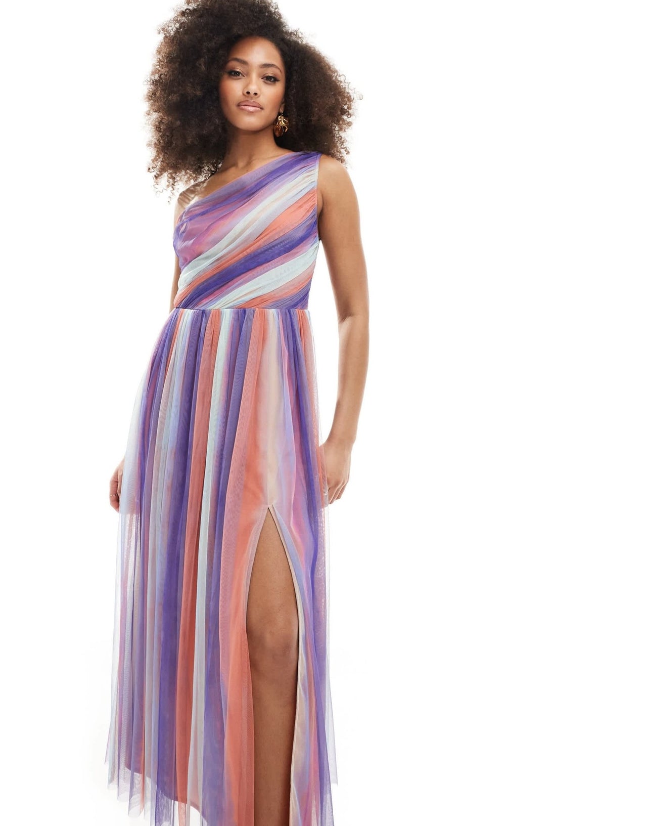 Anaya one shoulder tulle midaxi with split in multi coloured stripe - ASOS Sample Sale EU Store