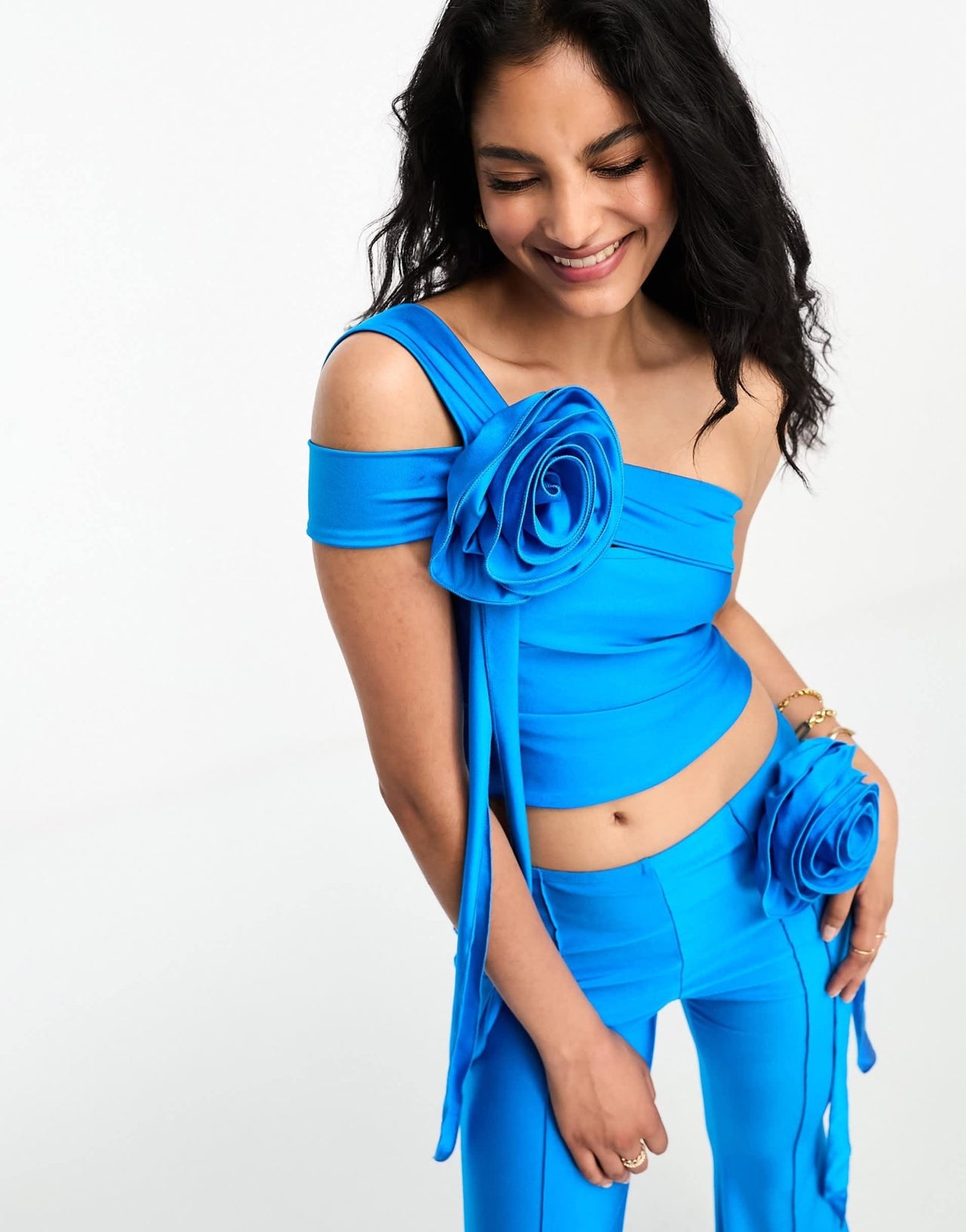 Annorlunda corsage detail slinky bandeau top in blue - ASOS Sample Sale EU Store