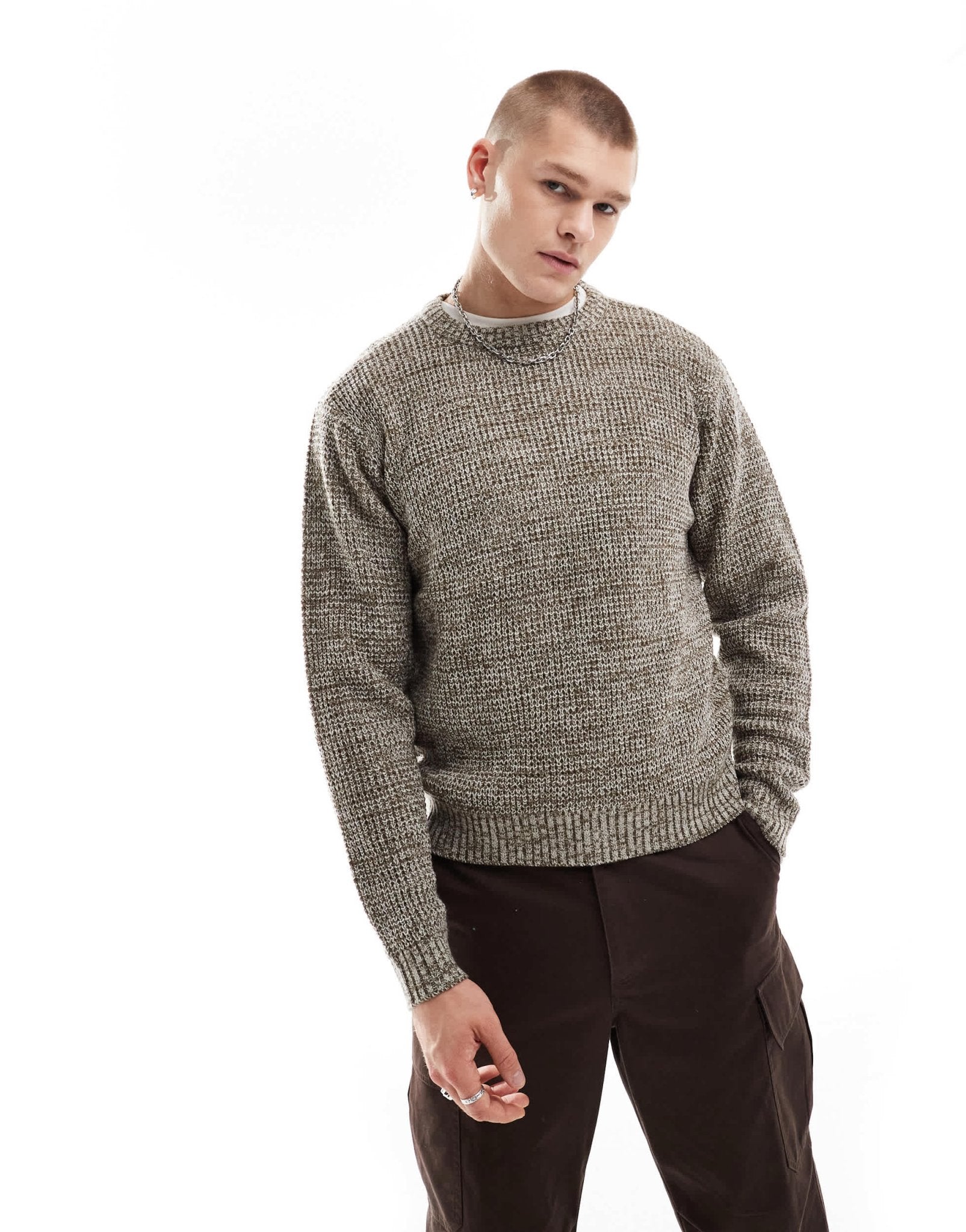 Another Influence twist knit round neck jumper in brown marl - ASOS Sample Sale EU Store