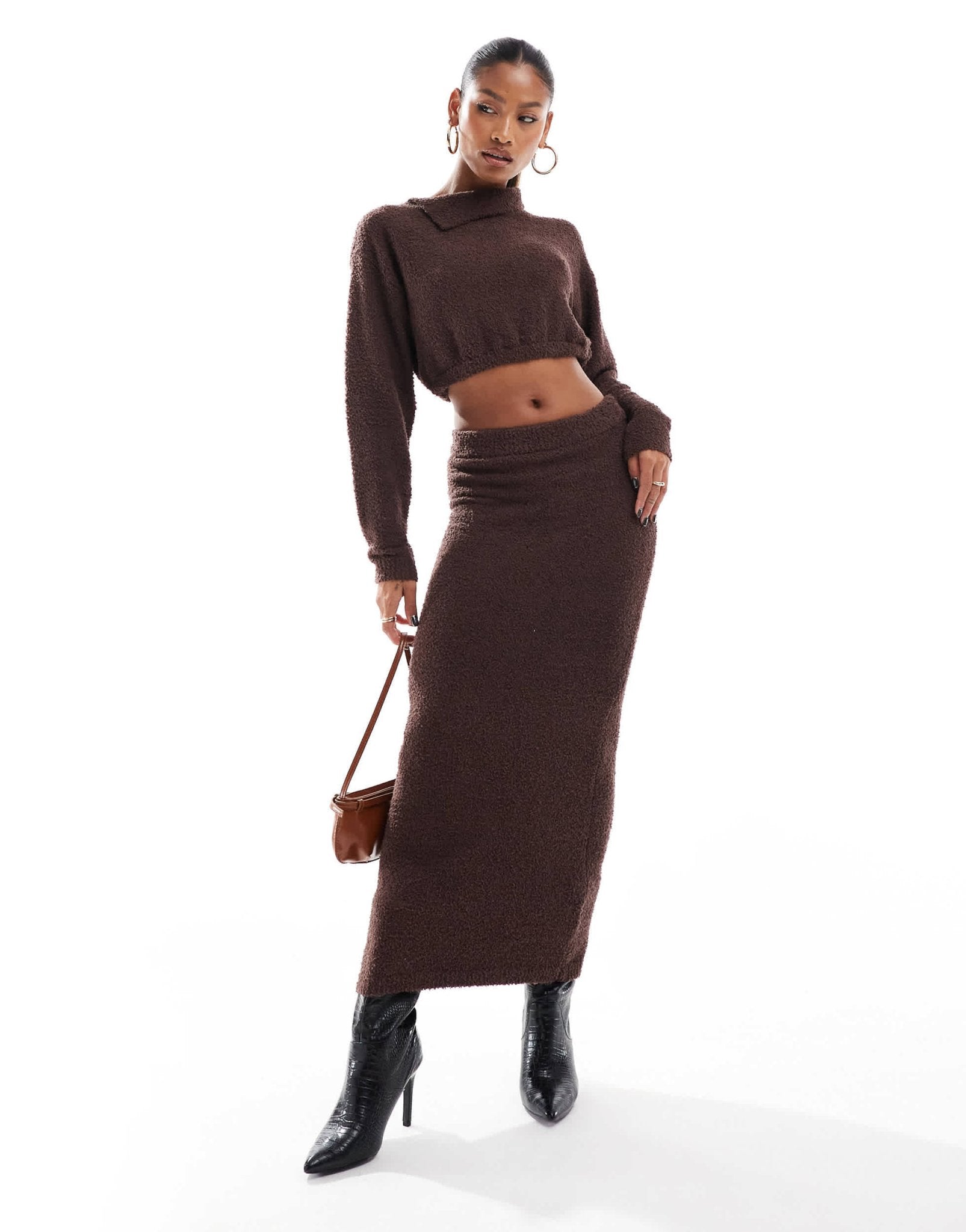 Aria Cove boucle slash neck cropped jumper co - ord in chocolate - ASOS Sample Sale EU Store