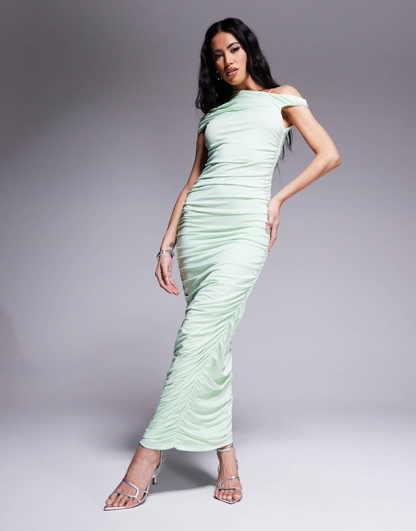 Aria Cove double layered slinky ruched off shoulder maxi dress in pistachio - ASOS Sample Sale EU Store