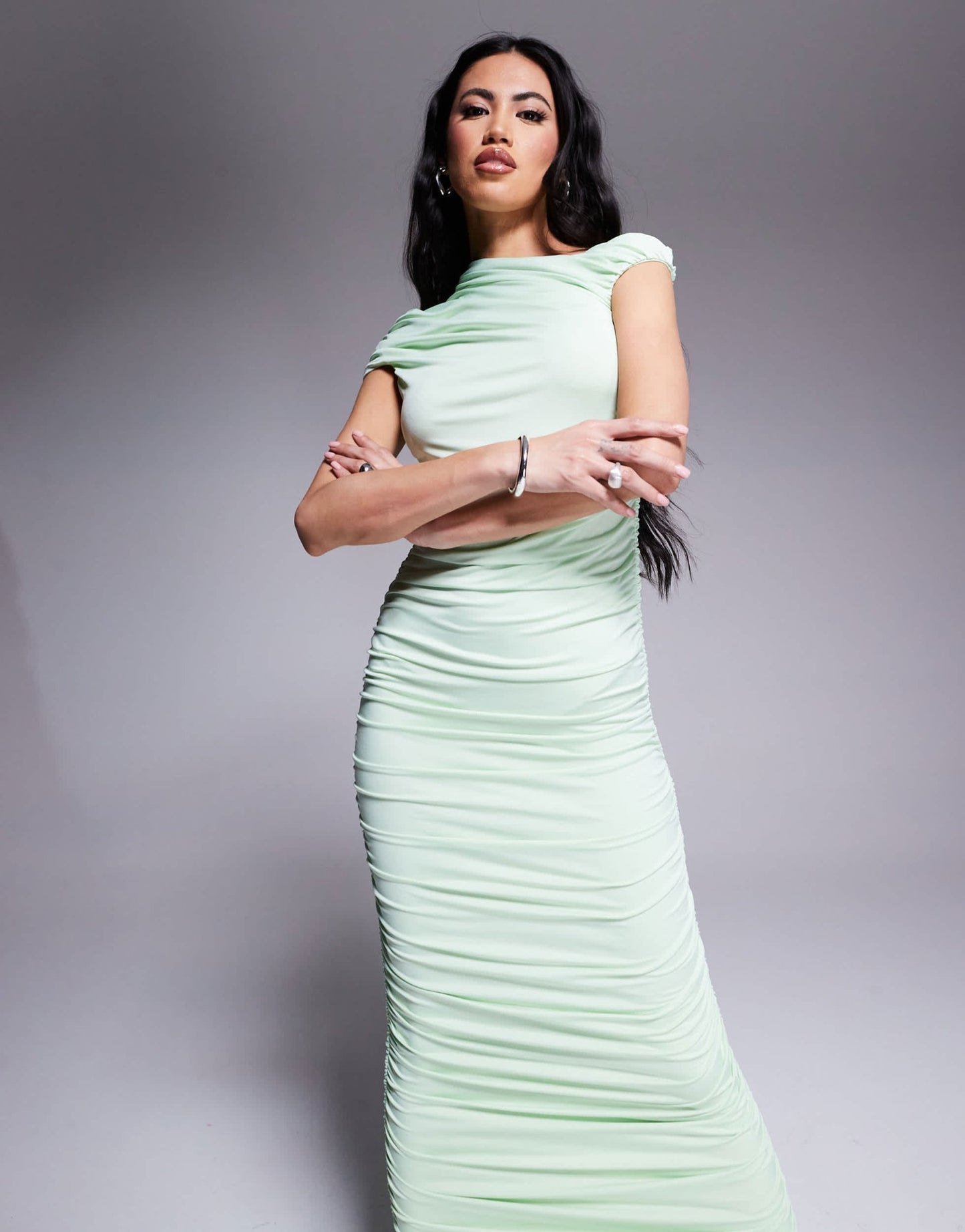 Aria Cove double layered slinky ruched off shoulder maxi dress in pistachio - ASOS Sample Sale EU Store