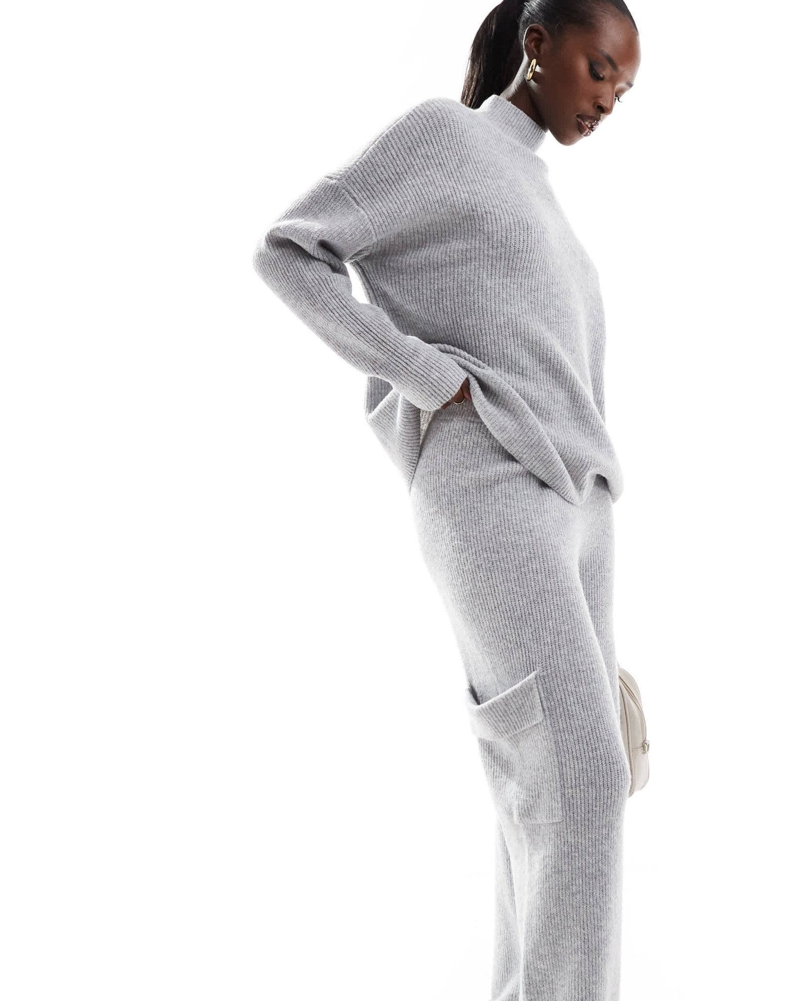 Aria Cove knit wide leg cargo pocket detail trouser co - ord in light grey - ASOS Sample Sale EU Store