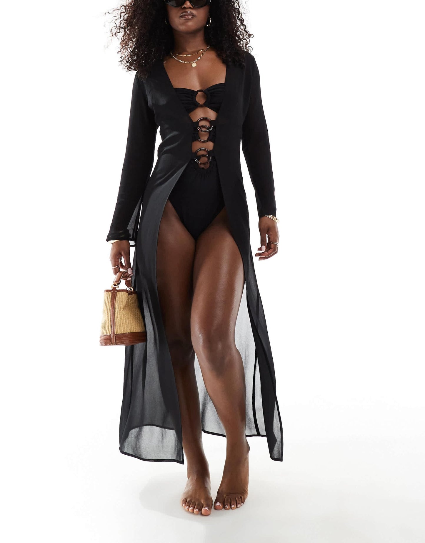 Aria Cove mesh ring detail maxi beach kimono co - ord in black - ASOS Sample Sale EU Store