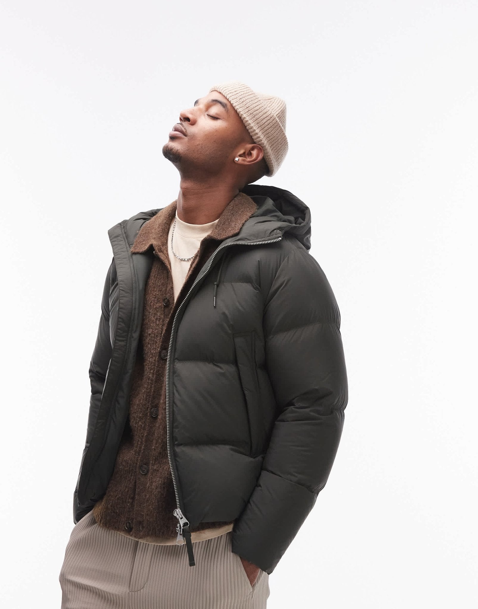 ARKET down filed puffer jacket with hood in dark khaki - ASOS Sample Sale EU Store