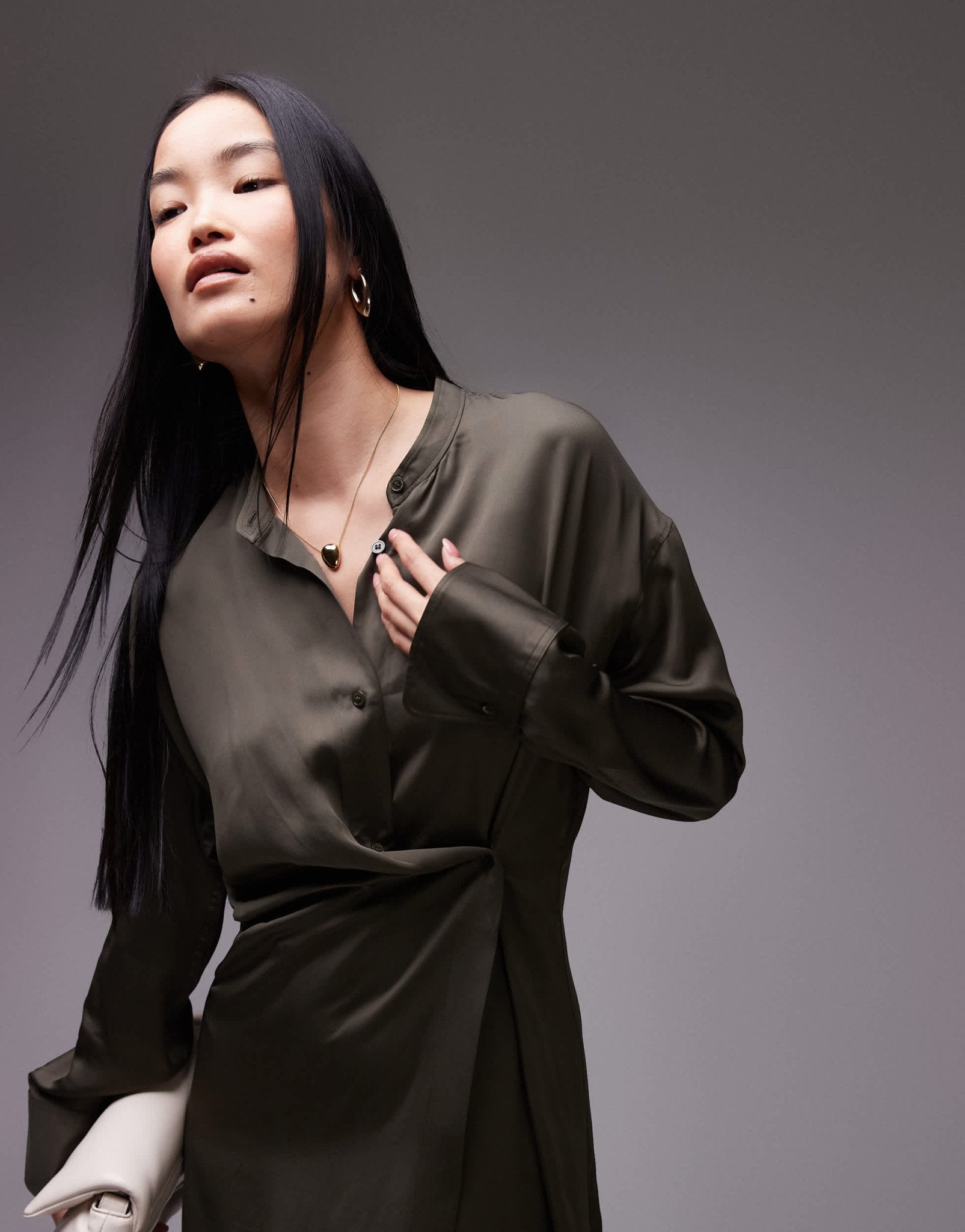 ARKET midi shirt dress with asymmetric drape detail in khaki green - ASOS Sample Sale EU Store