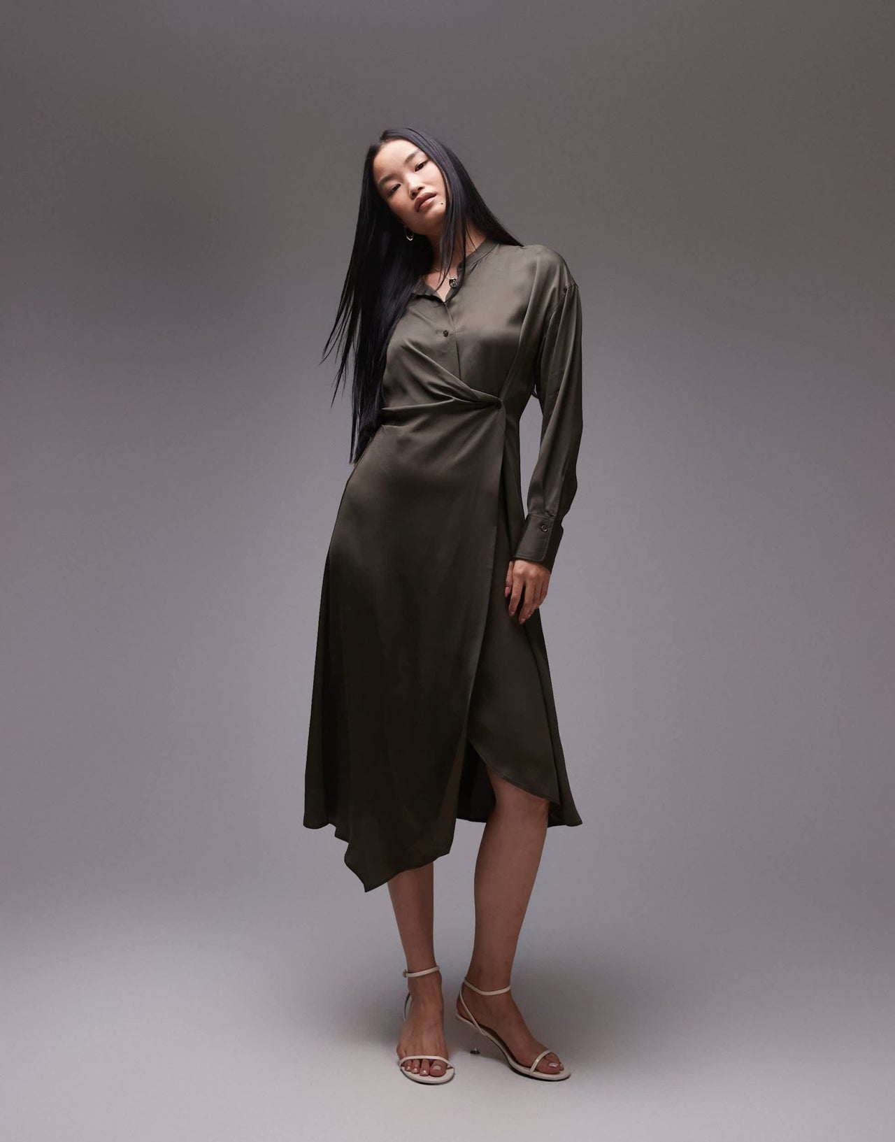 ARKET midi shirt dress with asymmetric drape detail in khaki green - ASOS Sample Sale EU Store