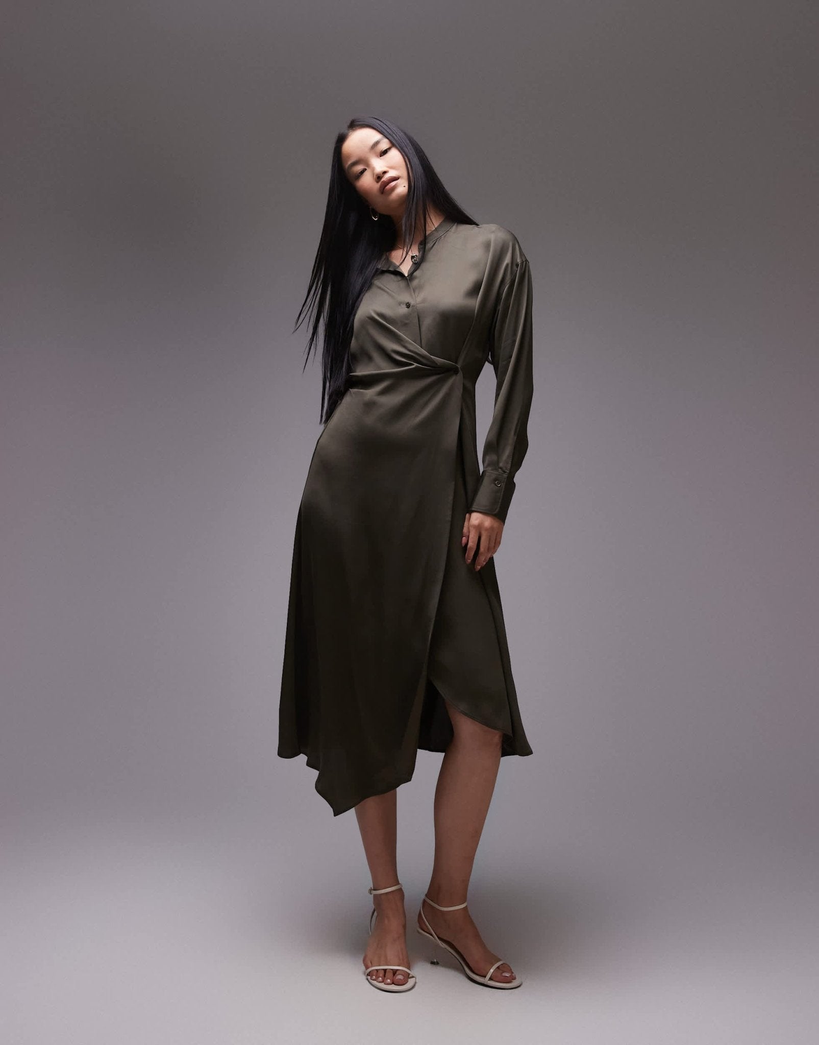 ARKET midi shirt dress with asymmetric drape detail in khaki green - ASOS Sample Sale EU Store