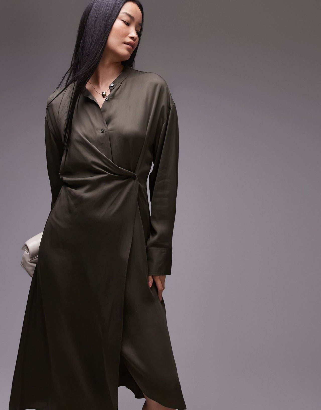 ARKET midi shirt dress with asymmetric drape detail in khaki green - ASOS Sample Sale EU Store