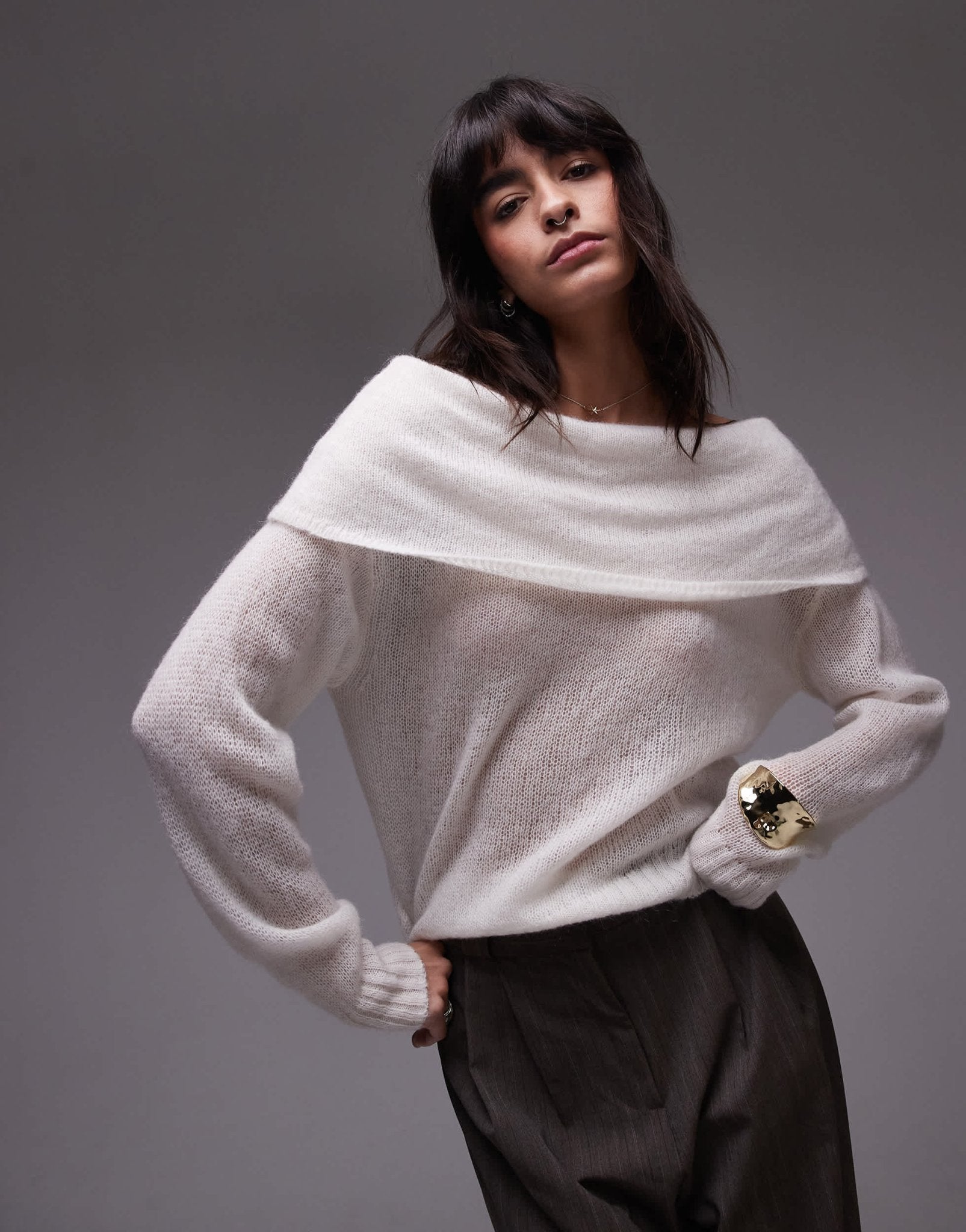 ARKET open knit sheer jumper with fold over off shoulder in off white - ASOS Sample Sale EU Store
