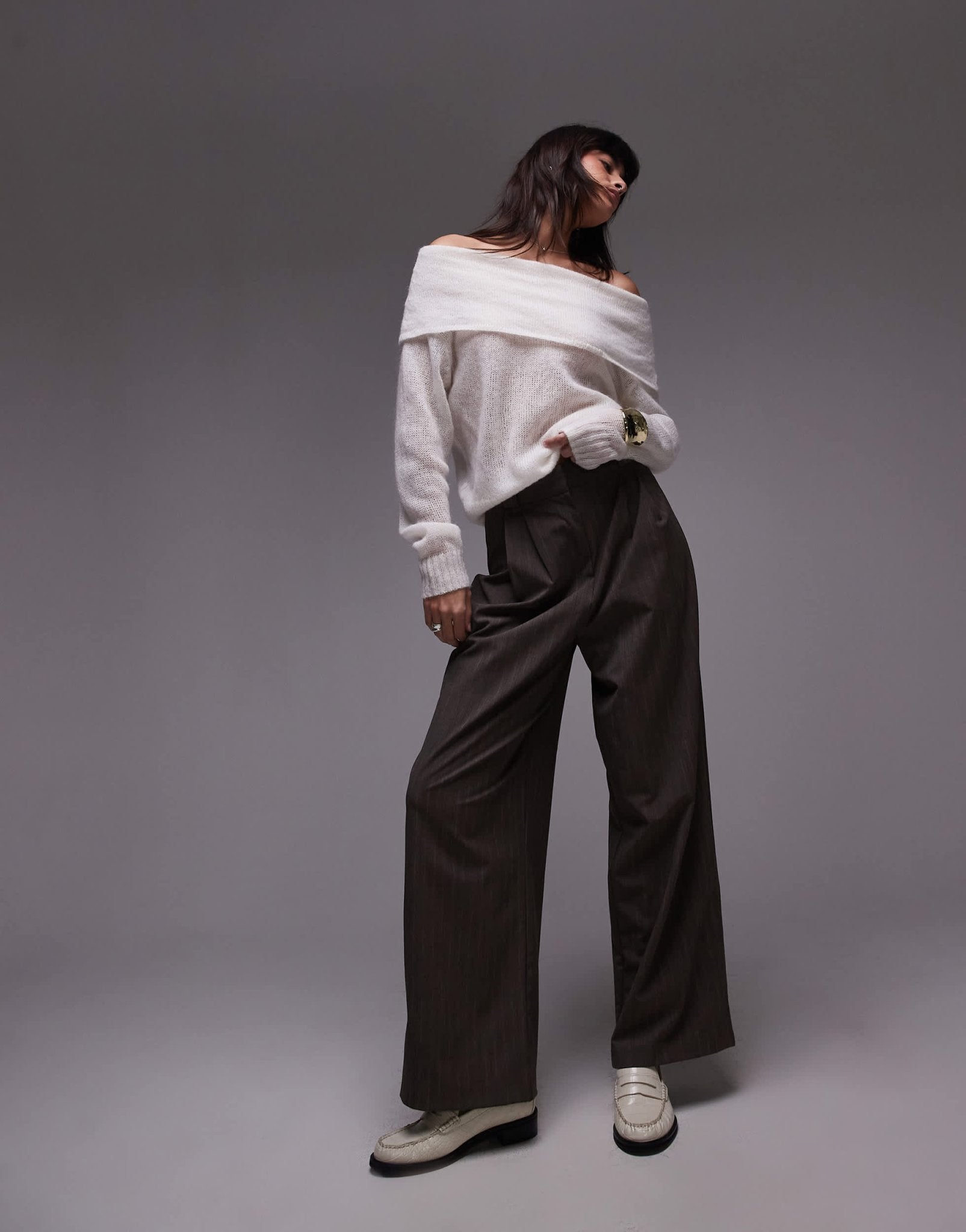 ARKET open knit sheer jumper with fold over off shoulder in off white - ASOS Sample Sale EU Store